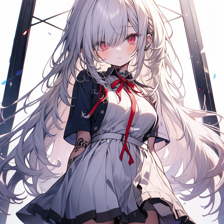 Long head with white hair, cute, red eyes, low cat ears, blushing, vaginal water, making sounds, panting, loli, white stockings, skirt pulled up, leaking out of the lower body
