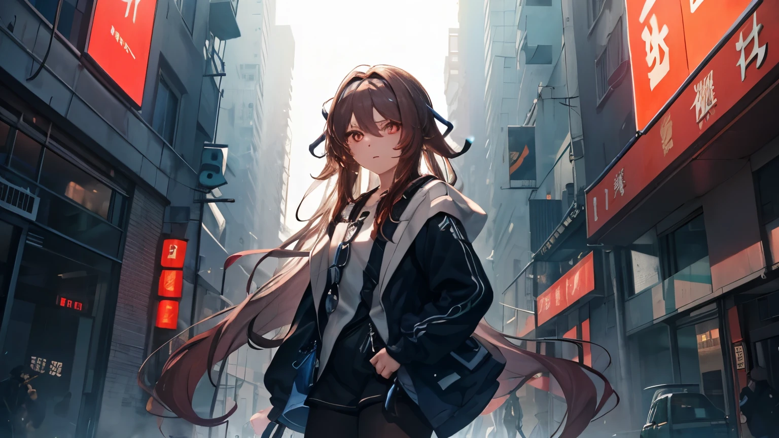 Create a wallpaper of a city with the character Hu Tao in a casual Cyberpunk style clothing style