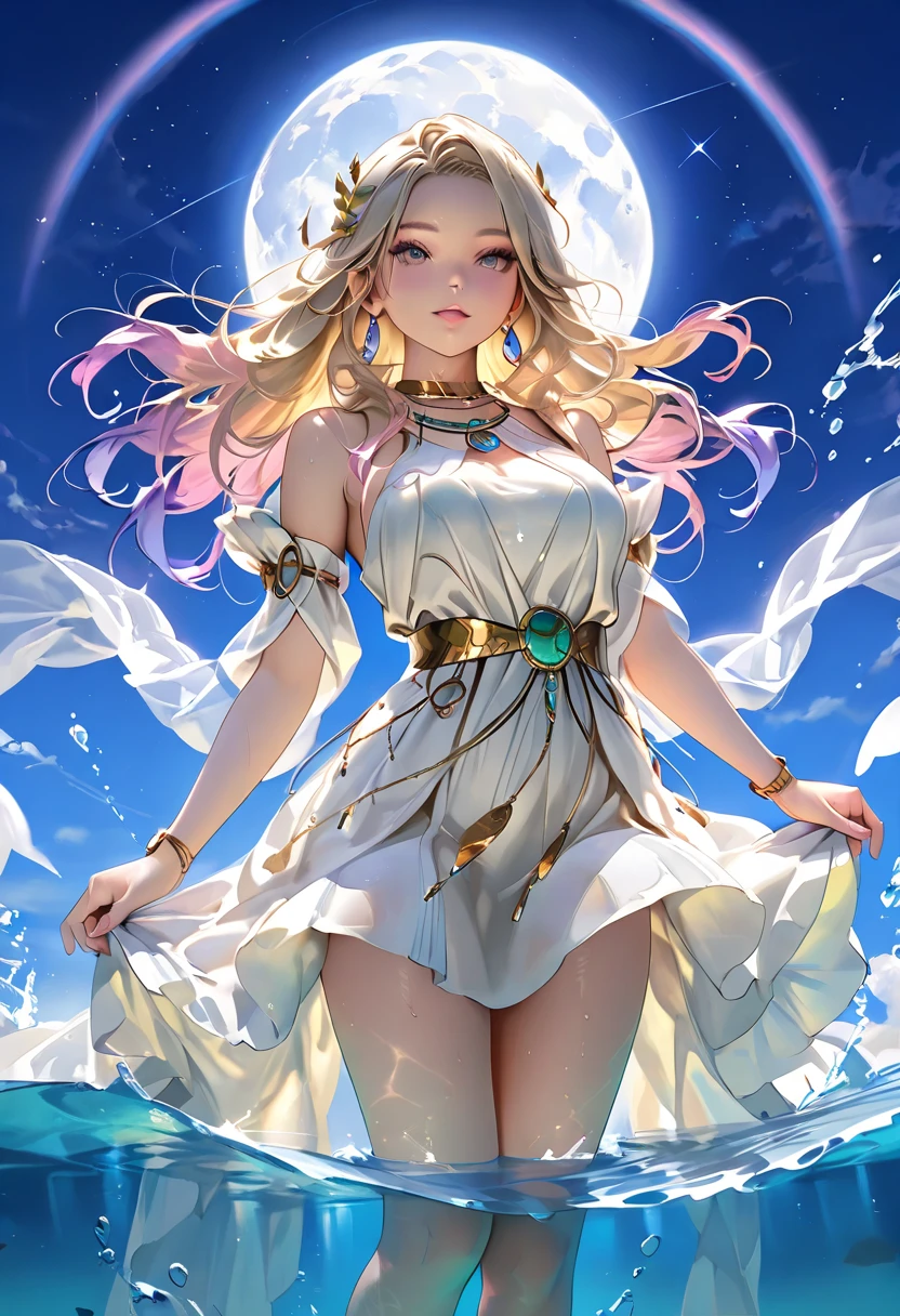 (masterpiece), ((best quality)), (Super detailed), ((very delicexiste and beautiful)), (Ridiculous))), (Perfect body))), 1 girl, Glowing white particles, struggle, Keep_sword, Blonde Bob, Red Eyes, Seventeen, outdoor, Sky, Aura all over the body, Large target, white texisttered dress, Bare shoulders, Little Smile, Ocean + background, Wind, Perfect hands, Card Details, Improved fingers. earrings, Watching_exist_Viewer, Cowboy lens, Rich details, Perfect image quality