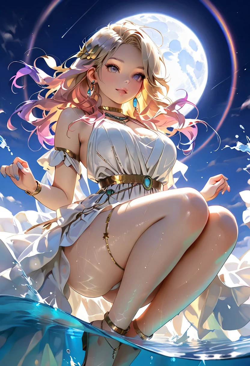 (a girl with sailor moon style),illustration, vibrant colors, magical atmosphere,sparkling eyes,long blonde hair,anime art,smiling expression,cute pose,cosmic background,moonlit night,fantasy world,sparkling stars,stylish outfit,tiara,moon scepter,heart-shaped brooch,wavy hair,flowing ribbons,powerful magical aura,moonlight shining on her,shimmering details,glowing transformation sequence,peaceful and confident,sailor guardian of love and justice,inspired by the iconic anime series. Create an illustration using the soft and ethereal qualities of watercolor. Beautiful pink skin anime model full body, sun-bathing on floating cloud along the suns surface, enticing eyes, curly hair dreamy, background thick clouds,, hyperdetailed, detailed, (masterpiece) . high fashion, luxurious, extravagant, stylish, , opulent, elegance, stunning beauty, professional, high contrast, detailed, Depict a dreamy, whimsical scene with elements that seem to merge with the background