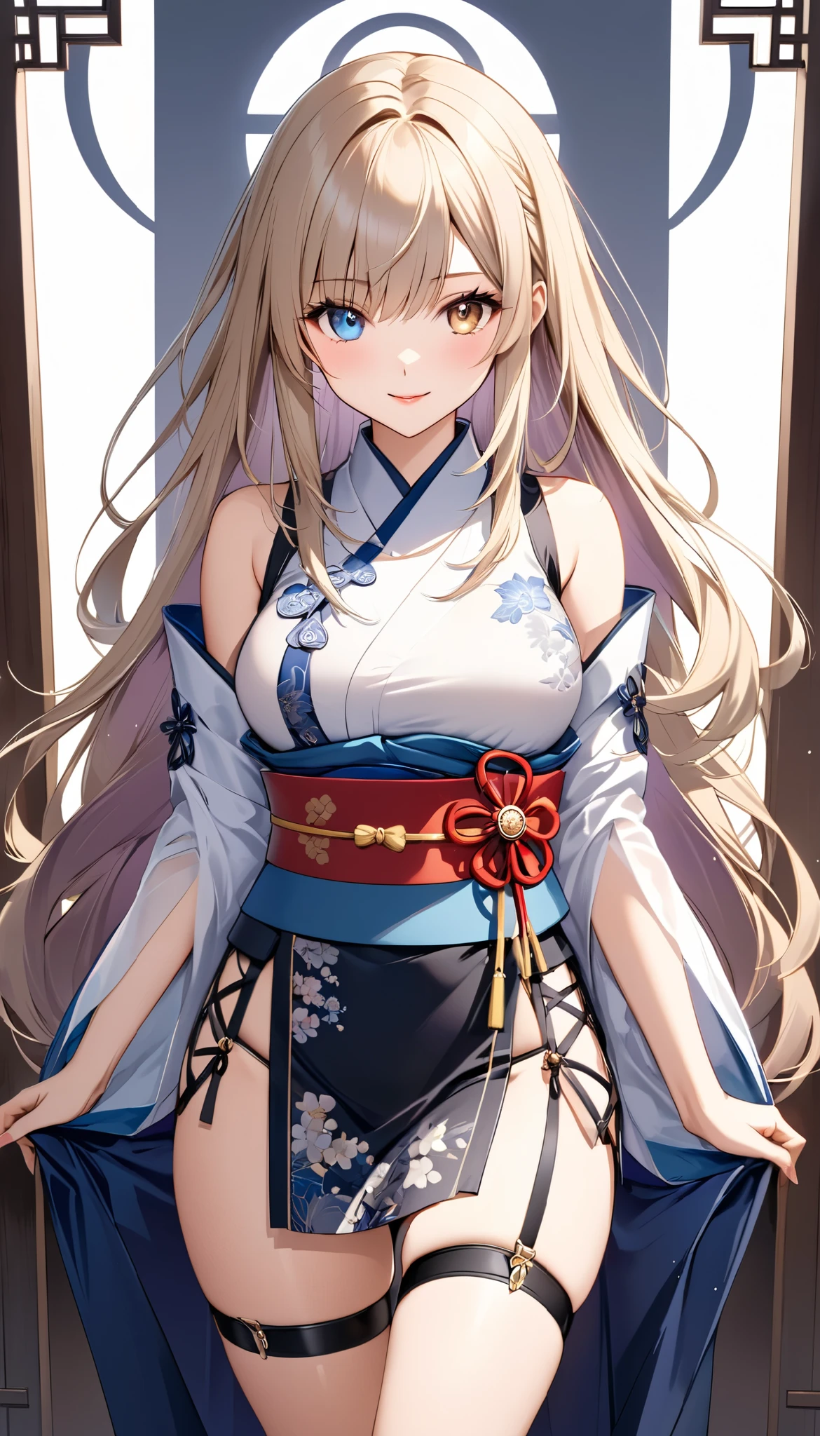 1girl ,
{standing}
height 158 cm,
Alone,
Beige Skin,
Cheeks are ruddy,
{{The iris of the left eye is yellow and the iris of the right eye is blue-mauve}},
{{Complete iris heterochromia }},
beautiful eyes,
large black pupils ,
{{super long hair}},
Gold,
the tips of the hair are whitish ,
The hair has gradation ,
shiny hair,
young but beautiful and bewitching face ,
The lips are extremely small,
is smiling,
A small, shining halo is floating above her head.,
the tips of the eyebrows are slightly lowered ,
the upper body is worn in kimono ,
mega breastsは柔らかそう,
Slim waist,
thin legs,
The lower body is long, transparent clothing in the style of a Chinese dress with slits on both hips,
The color of the obi is red ,
The obi is tastefully embroidered with silver thread.,
magnificent々New clothes,
fine fabric clothing ,
Thong underwear,
garter belt,
stockings,
the thigh strap cuts into the skin ,
Are the tips of long boots Japanese style,
Isometric,
golden ratio,
god々 atmosphere,
She is wearing a stand-up collared undershirt.,
tactical use of shadows ,
the ring of the head and hair fit inside the frame ,
Clothes fit inside the frame ,
{ full body}
facing the front,
fresh illustration ,
Superfine painting,
very delicate illustration ,
Very fine details ,