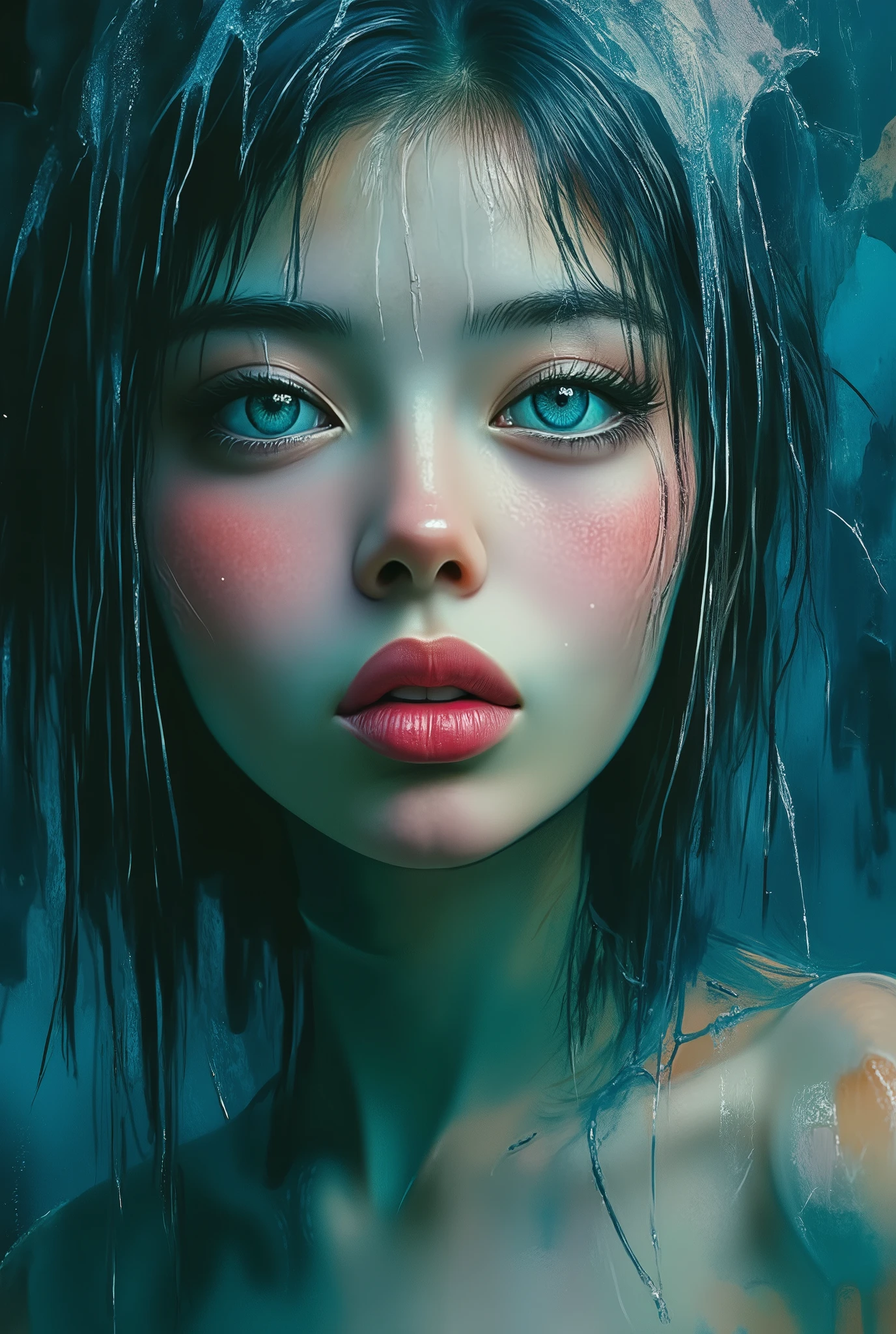 mesmerizing digital illustration inspired by Loish, depicting a closep of a woman´s face beneath a waterfall, water flowing down her face and hair, cool and soothing color palette, her expression peaceful, illuminated by soft ambient light, a dreamlike and calming ambiance. --v 5 --stylize 1000