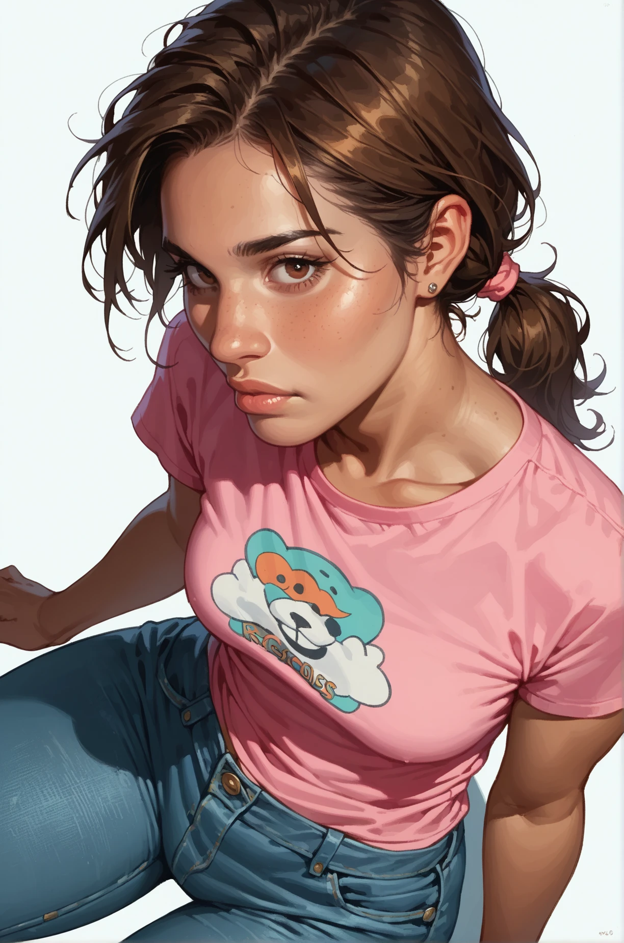 Album Artwork of a girl in the center swearing urban clothes and eating a lollypop, pink background. Artwork must be in 4k uhd