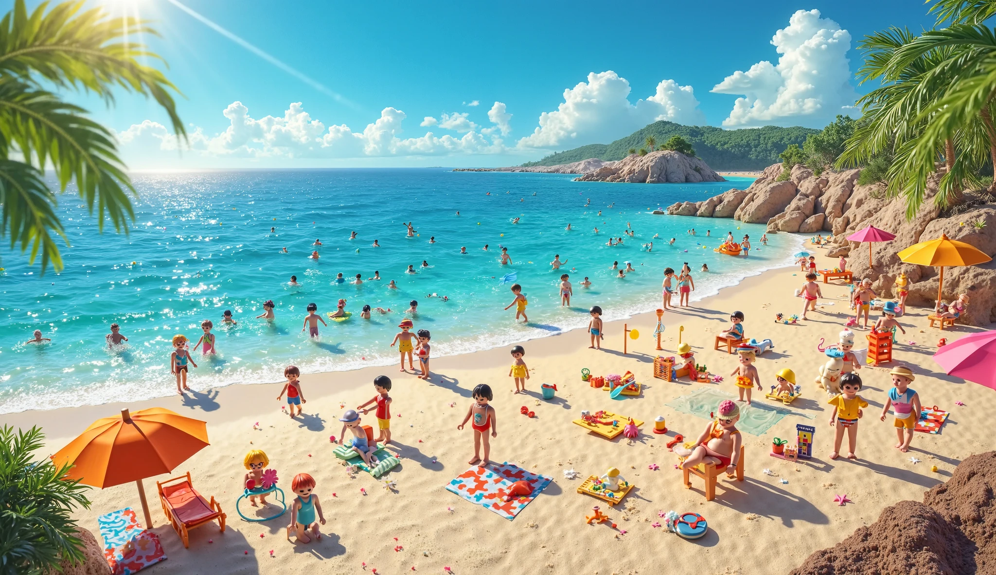 On this day, the blue sky spreads out and the sun shines brightly. There is a beach on the seaside, and people are taking off their sandals, changing into swimsuits and swimming happily. Children swim with floats, and adults play with beach balls. People in sunglasses enjoying tanning while holding cold drinks and ice cream --auto --s2