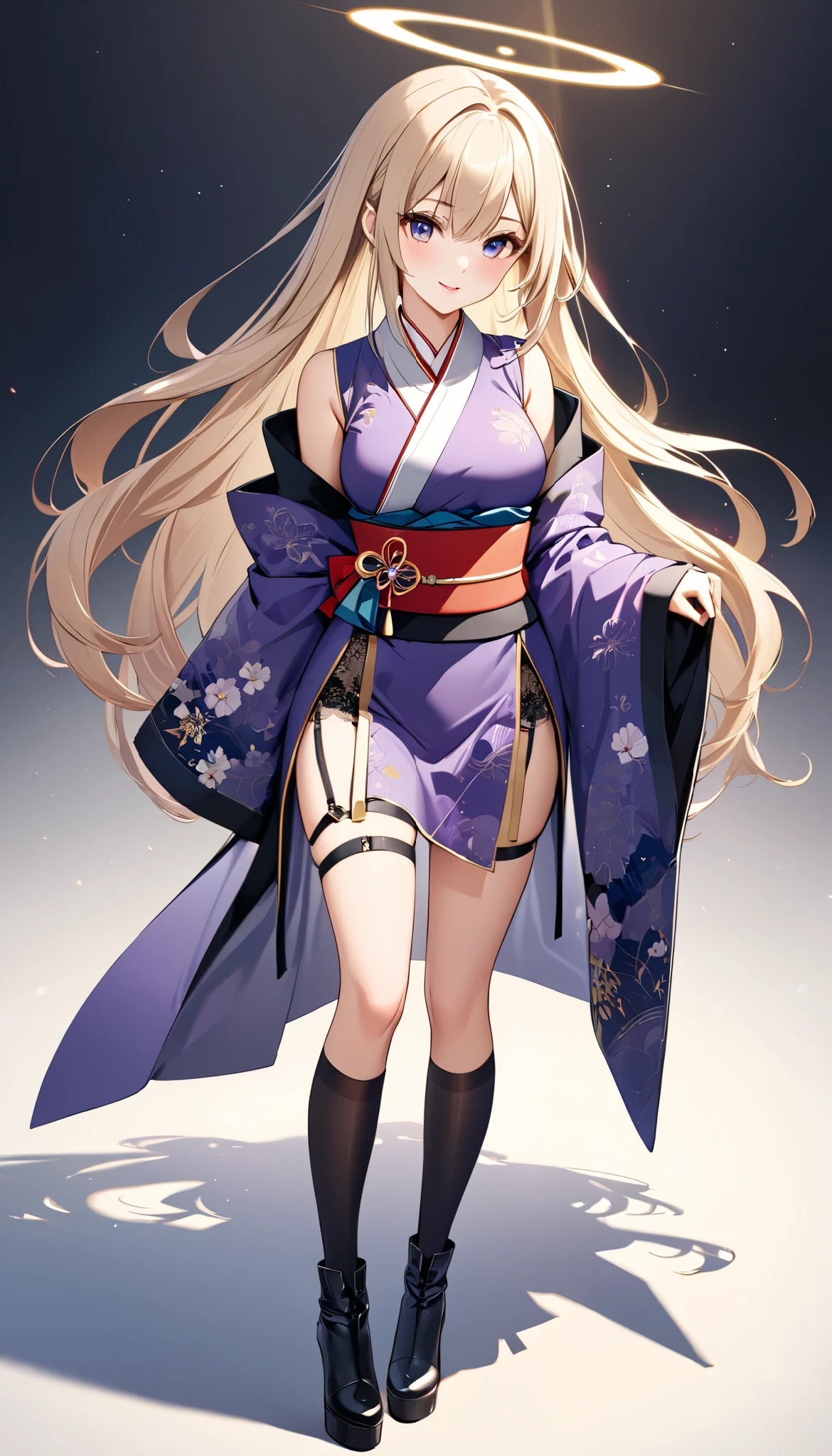 1girl ,
{standing}
height 158 cm,
Alone,
Beige Skin,
Cheeks are ruddy,
{{The iris of the left eye is yellow and the iris of the right eye is blue-mauve}},
{{Complete iris heterochromia }},
beautiful eyes,
large black pupils ,
{{super long hair}},
Gold,
the tips of the hair are whitish ,
The hair has gradation ,
shiny hair,
young but beautiful and bewitching face ,
The lips are extremely small,
is smiling,
A small, shining halo is floating above her head.,
the tips of the eyebrows are slightly lowered ,
the upper body is worn in kimono ,
mega breastsは柔らかそう,
Slim waist,
thin legs,
The lower body is long, transparent clothing in the style of a Chinese dress with slits on both hips,
The color of the obi is red ,
The obi is tastefully embroidered with silver thread.,
magnificent々New clothes,
fine fabric clothing ,
Thong underwear,
garter belt,
stockings,
the thigh strap cuts into the skin ,
Are the tips of long boots Japanese style,
Isometric,
golden ratio,
god々 atmosphere,
She is wearing a stand-up collared undershirt.,
tactical use of shadows ,
the ring of the head and hair fit inside the frame ,
Clothes fit inside the frame ,
{ full body}
facing the front,
fresh illustration ,
Superfine painting,
very delicate illustration ,
Very fine details ,