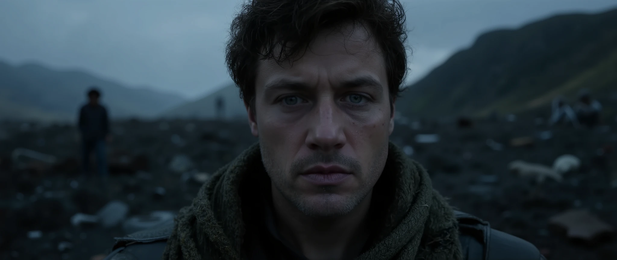 The sad eyes of the warrior in the broken battlefield ,portrait, photographic realism ,Real background, Dark colors , Cinematic Texture ,Emotional tension, A slight dark blue tone on the face ,The background is a little darker , The composition focuses more on the character's face