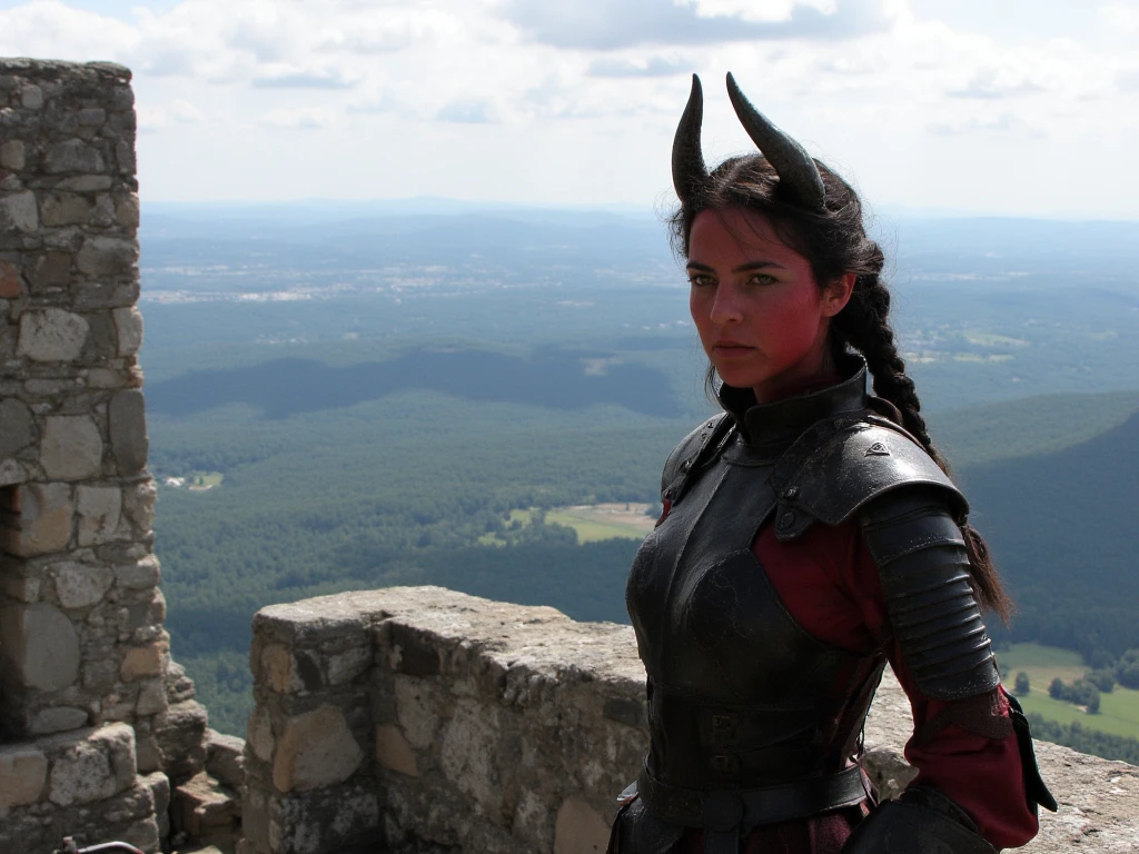 Sheeva, red eyes, small horns, short black hair, armor, shoulder pads, red robes,looking at viewer, smiling,close up, outside, park, trees, lake, winter, blue sky, high quality, masterpiece, <lora:Sheeva-MKv11v10:.7>