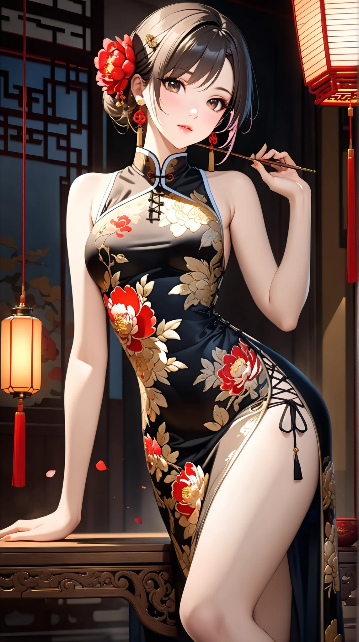 Digital Illustration of Genshin Xianyun in a breathtaking full body portrait, showcasing the intricate details of her elegant cheongsam adorned with delicate floral patterns. She stands tall in high heels, accentuating her graceful posture, while her slender legs are adorned with alluring black stockings. In her delicate hands, she holds a beautifully decorated folding fan, adding a touch of traditional charm to the scene. With photorealistic precision and raw artistry, this masterpiece captures every nuance of her short black hair, framing her enchanting brown eyes and captivating smile. Bathed in cinematic lighting, the high resolution image showcases sharp focus and depth of field, allowing the viewer to appreciate the realistic pupils and sharp pupils that bring her to life. The exquisite