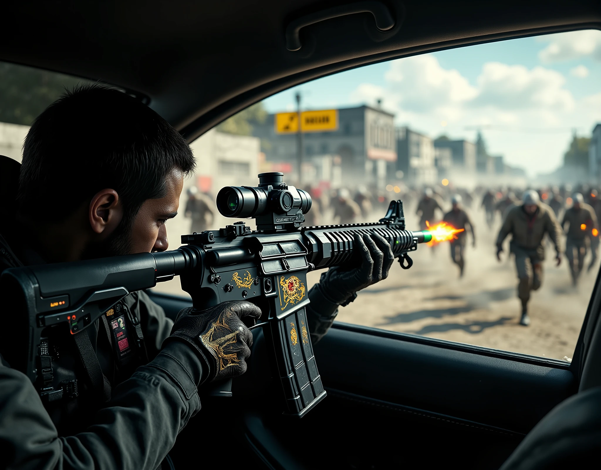  [Style: "masterpiece, realistic (Photorealistic realism), Hyper high resolution, (ultra quality, intricately detailed digital art), focus on extremely Realistic Proportion Body"] (Key Directive: "Prioritize anatomical accuracy and material textures") POV: {(("first person view:1.2))" - "in a moving car, first person view (leaning out of the window up to the waist)"} | ((first person shooting position)) "hold a Custom M16A4 in hends" Weapon: "Custom M16A4 (StatTrak™ module)" | M16A4 side Engraving : "Japanese dragon (green/blue paint:1.4)" | Display: "((side-mounted counter (red LED '589')))" | Attachments: - "Underbarrel flamethrower "(aim through the scope at running targets ((attacking hordes of ZOMBIES (apocalypse day)))) (shoot with continuous fire)"- "active, orange/blue flames:0.3, white/yellow flash:0.3" - "Green laser sight (beam visible in airborne dust)" Environment: "PUBG UI on screen" - "Pochinki (town from Pubg) day" | Lighting: "(Cinematic clarity and global illumination)" - "((aim at the target and shoot))'' - ''Muzzle flash from rifle (temporarily illuminates face)" "background – clear and sharp, targets of the ZOMBIE horde (apocalypse, chaos and terror") (Rendering engine: "Unreal Engine 5 path tracing, 16K texture maps") } 