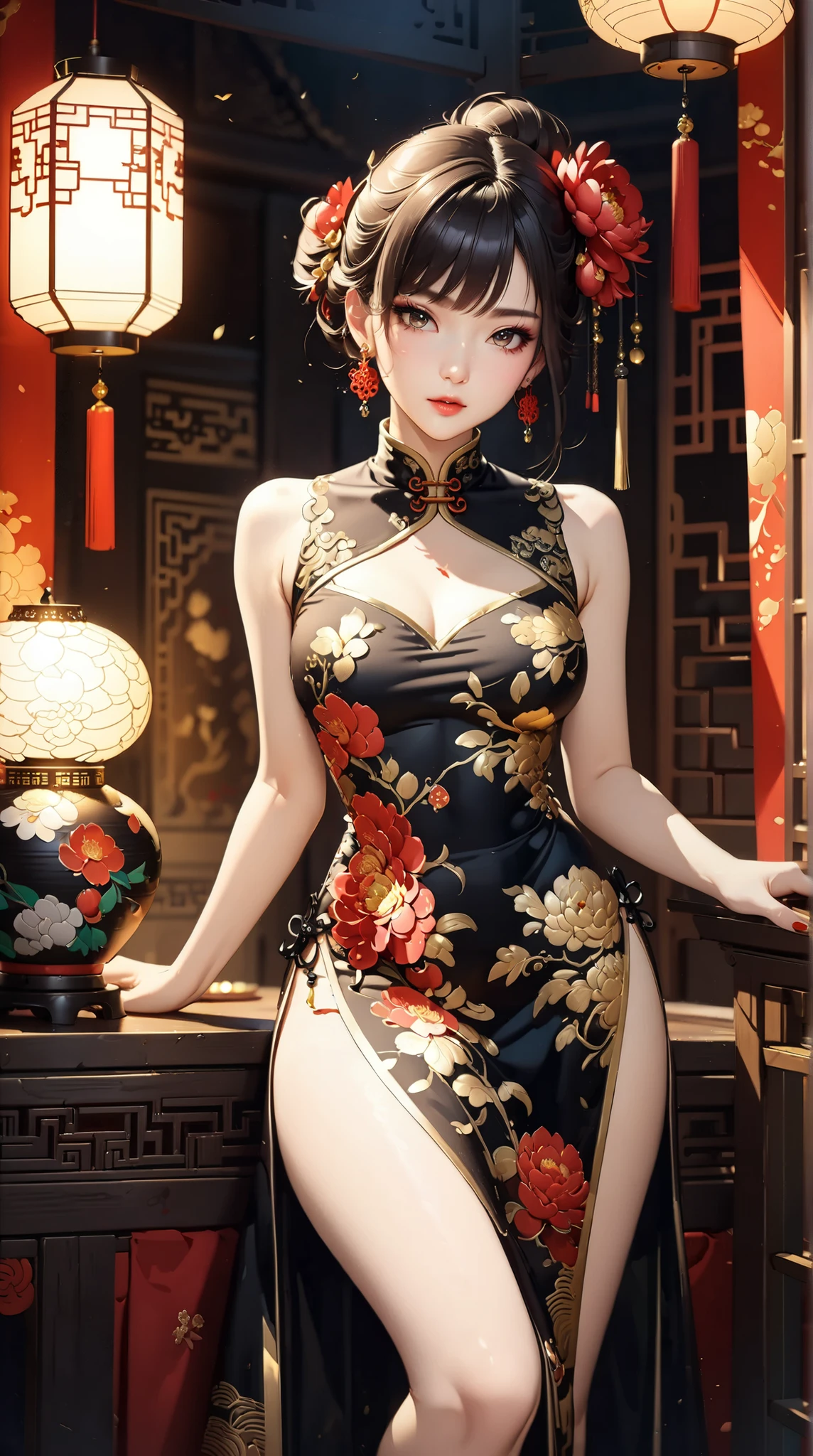 gorgeous oriental woman, black hair in an elaborate hairstyle, elegant embroidered kimono, sakura flower embroidery, gold details, full body shot, cleavage, bare shoulders, standing, large breasts, alchemist, strapless dress, vials , potions, updo, blank background, white background, lulu, ffx
