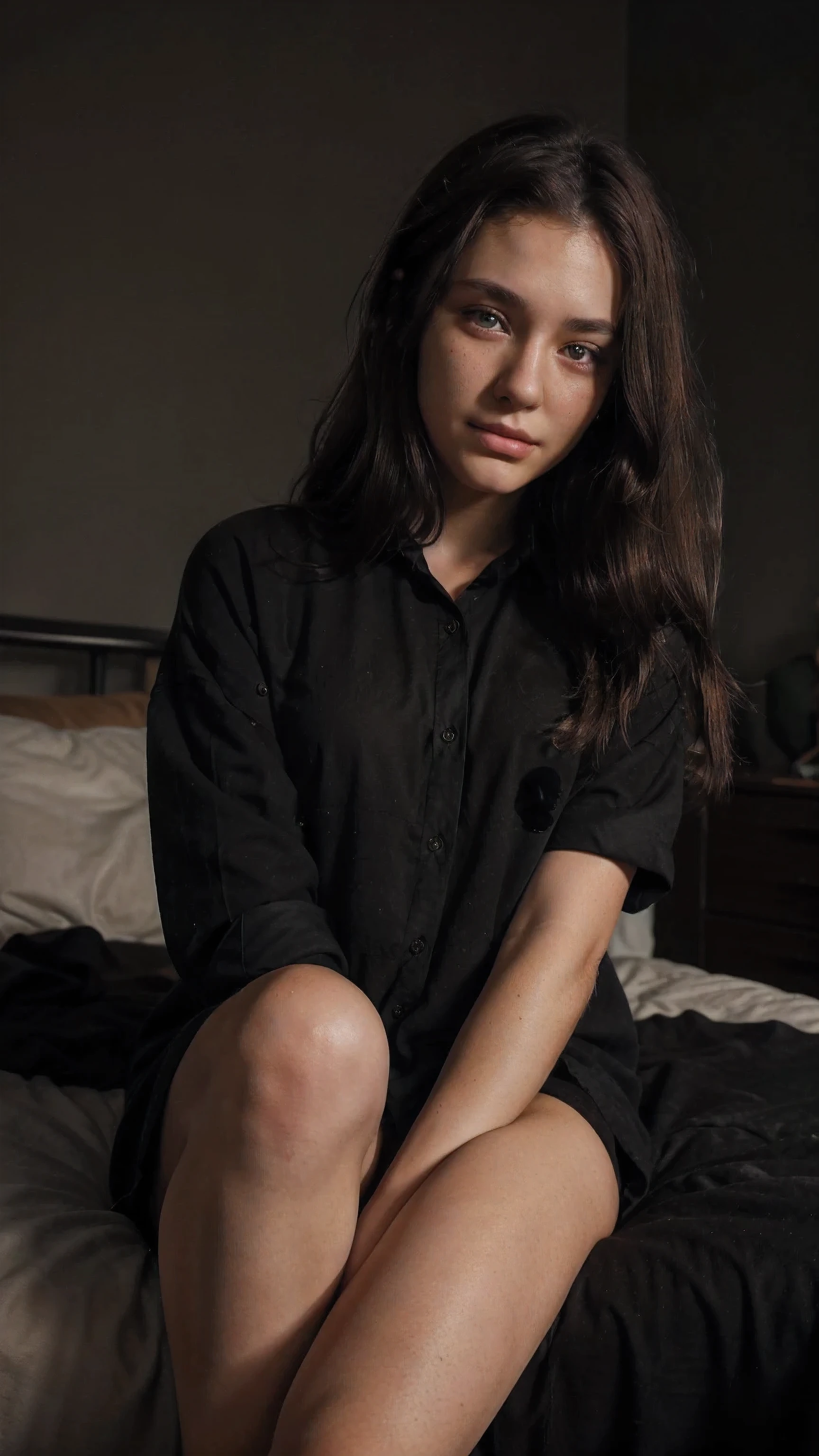 Beautiful 20 year old girl sitting on the bed, with a black blouse, a short black skirt and long black socks