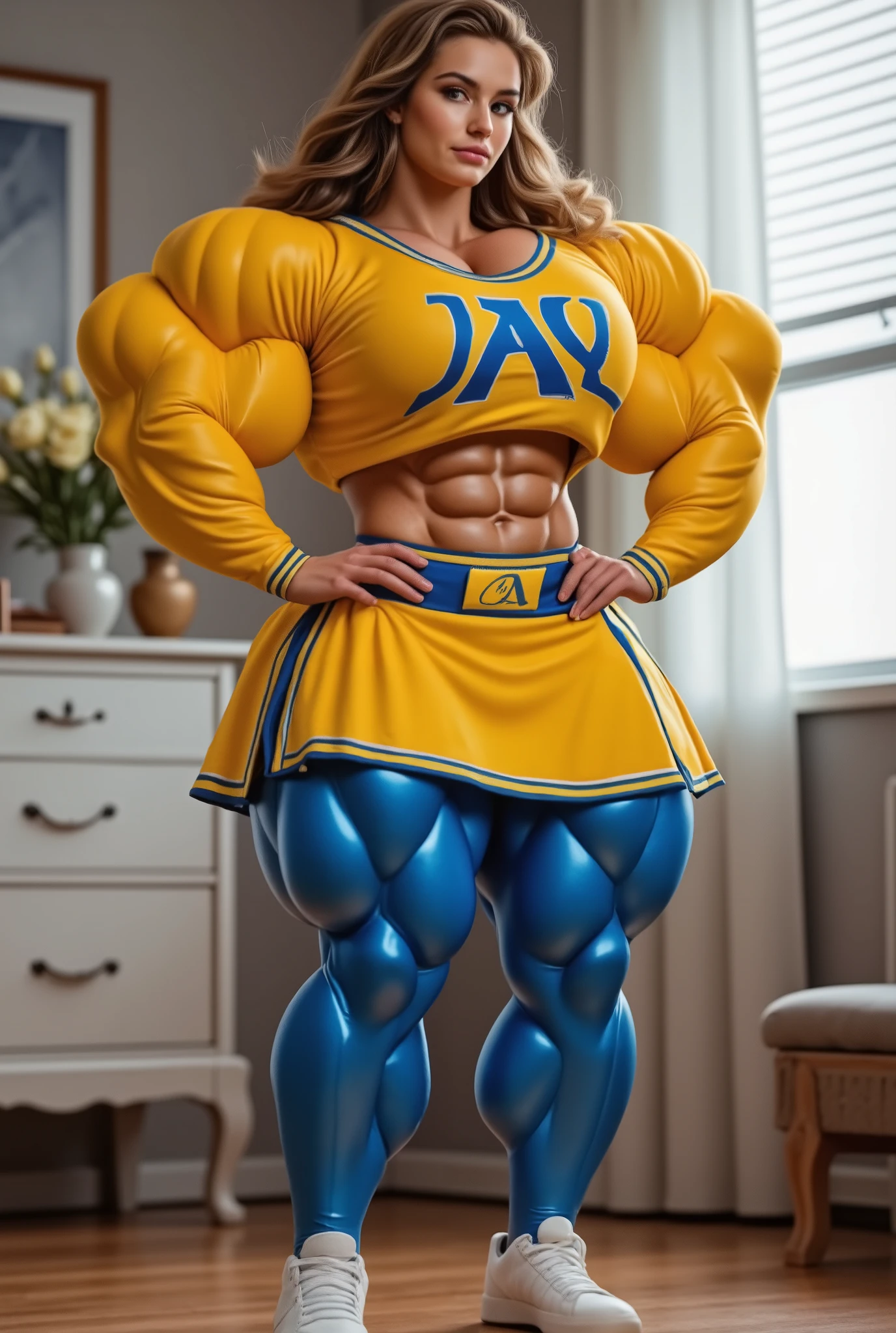 a photorealistic full body shot of beautiful cheerleader with shiny blue metallic leggings.  She has a tight yellow cotton long-sleeved cheerleader shirt with an "A" printed on it and yellow cheerleader skirt with blue trim.  the woman has huge muscles that stretch her clothes to their limits.  She wears white tennis shoes and she stands in her bedroom. 