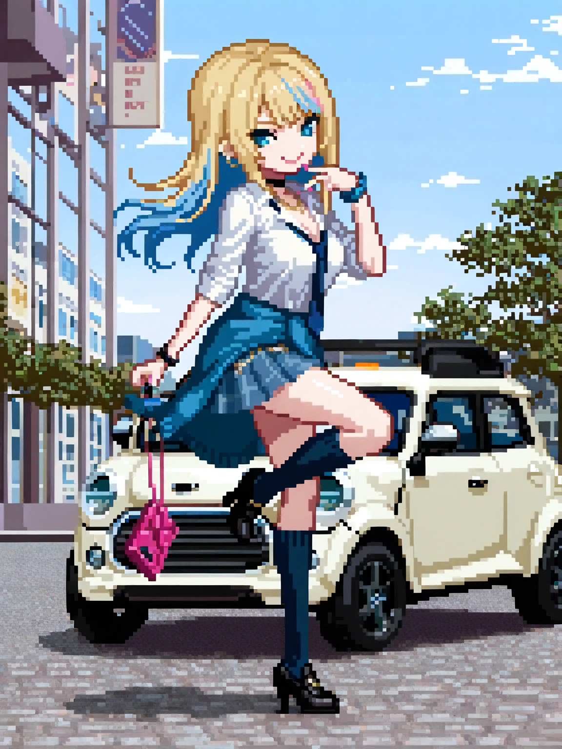 Female 1、A woman is riding a kickboard.、Making a peace sign、No bra、Blue tie、A man is wearing a white shirt with the front open、Blue plaid skirt、White socks、Black leather shoes、smile、Yellow and black kick scooter