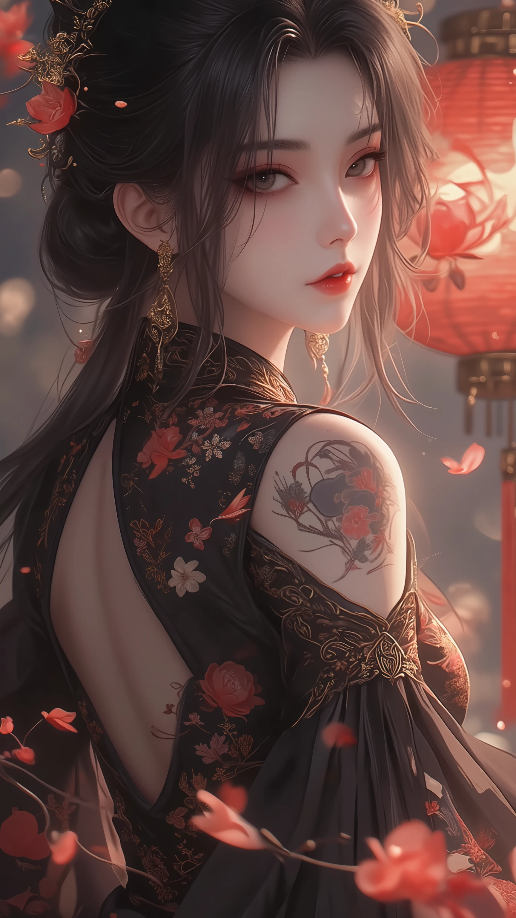 ((TOP QUALITY)),( Ultra High Definition),( very detailed),( detailed description ),((  best CG  )),(  BEST ARTWORK  ),  ultra-precise art, is an amazing art of painting,( Exquisite Art:1.5),  woman,  beautiful and well-groomed face,  eyeliner,  eyeshadow, peony hair ornament, Gold Earrings, Lace-Up China Dress, deep slits, China Hoist Lamp