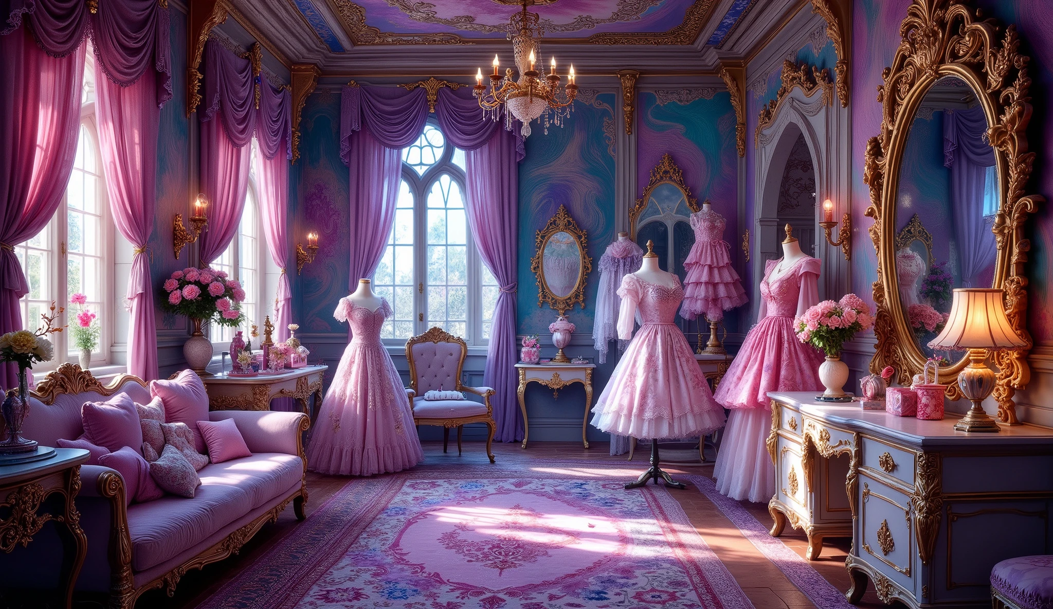 (photorealism:1.2), roccoco style half-couch, velvet fabric, lion foot style wooden frame of couch, right side of couch has multiple messily layered roccoco dresses, voluminous crinoline skirts puffy dresses multiple colours, da vinci style drapery, silk dresses, corsets, dresses messily thrown ontop of each other, spread randomly, 