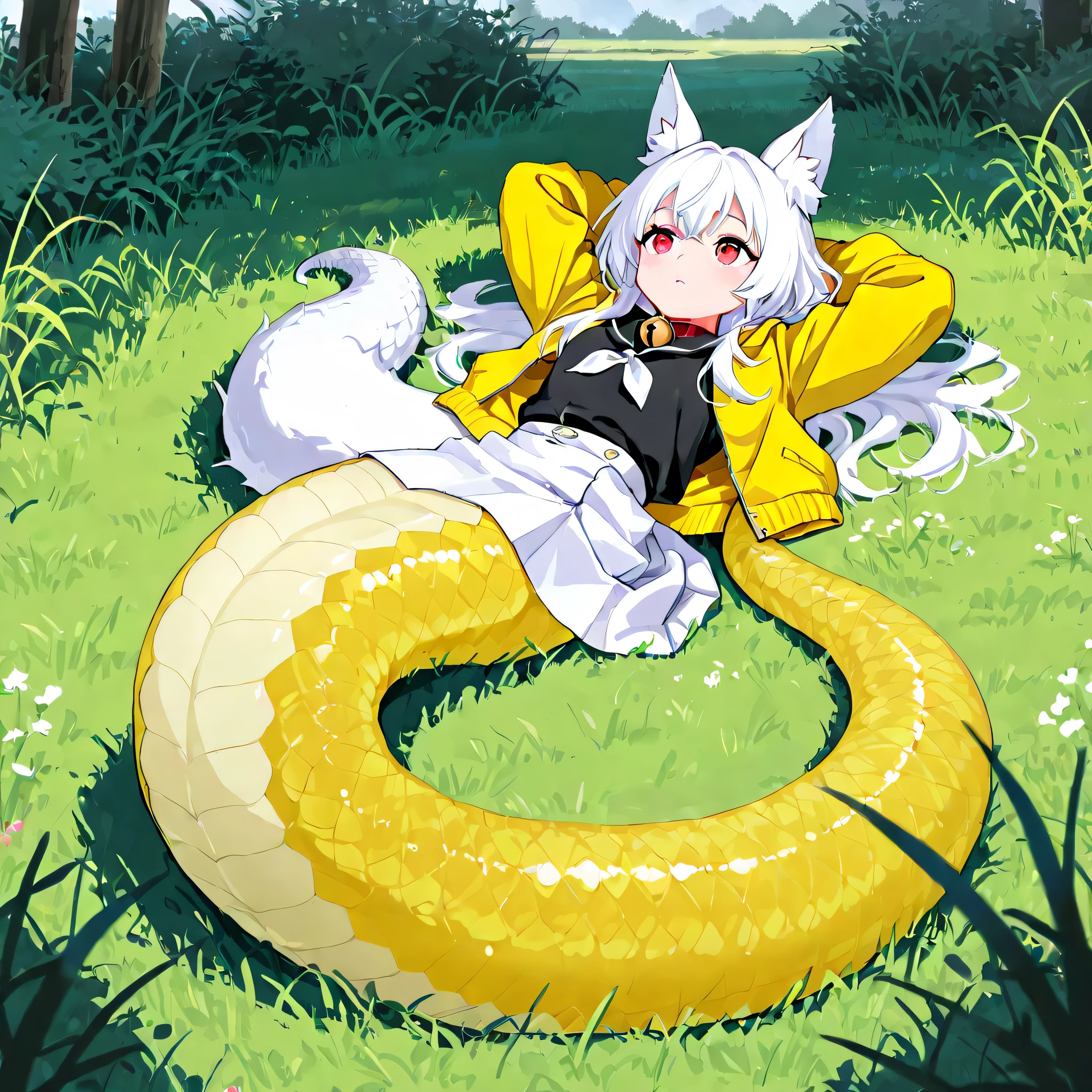 score_9, score_8_up, score_7_up, 1girl, white hair, red eyes, bell collar, black shirt, yellow jacket, white skirt, fox ears, lamia, (yellow scales:1.2), tail, 4k, 8k, 16k, full body, best quality, laying on grass, outside, (hands behind head), PonyScores