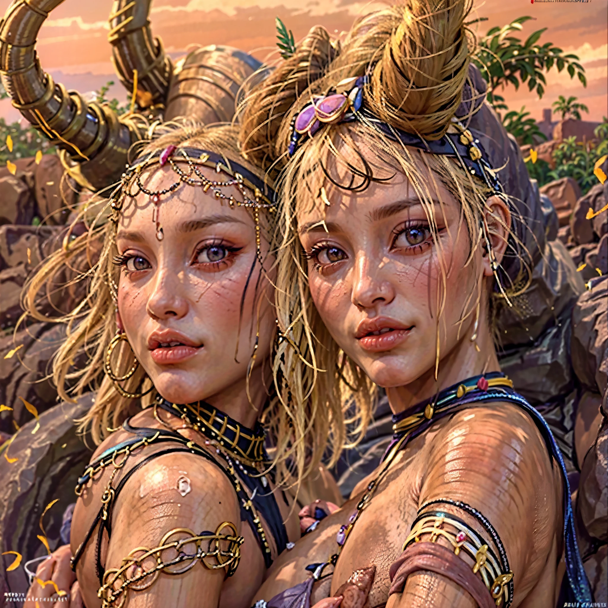 NSFW, (Best quality, 4k, Masterpiece :1.3) photorealistic image. Beautiful and glamorous young blonde cave-dwelling girls from prehistory are hunting on the African savannah. There are acacia trees on the grassland and herds of African animals. The curvaceous and sexy young nymphomaniac lesbians are hunting an antelope with spears and bows and arrows. The girls are busty and have long thin legs. Oiled shining skin. Supple and perfect young skin. They look a bit dirty. Sun shines through the clouds. They wear skimpy animal skins and wear tribal face paint and body paint of white clay and red blood. Some girls are nude and naked. Some girls wear tiny animal fur bikinis and fur boots. The girls are primitive and have golden hair and tanned skin. Girls have braided hair and wear big colorful beads as jewelry. Their attire looks African but they are sexy young blonde Caucasian girls. Young model erotic faces. Extremely beautiful and sexual faces. Naked pussy. 18-years-old girls. Multiple angle view of bodies. She looks at me and smiles sexually. Perky firm . Erect nipples, erect . Mouth open. Pouting mouth. Parted lips. Very long eyelashes bimbo. Wearing pink lipstick, mascara, blush and eyeliner. Huge nipples. Pink nipples. Small waist. Busty bimbo. Nude pussy. Nude . Nude ass. Bubble butt. Round bum. Blushing pink cheeks. Big pink lips. Blue eyes and green eyes. Primitive and gorgeous young sluts. Girl makes a fire using sticks in a stone fireplace. Sunset sky. Big cumulus clouds at sunset. feather skirt. feather jewelry. feather headdress. colorful glass bead jewelry.
