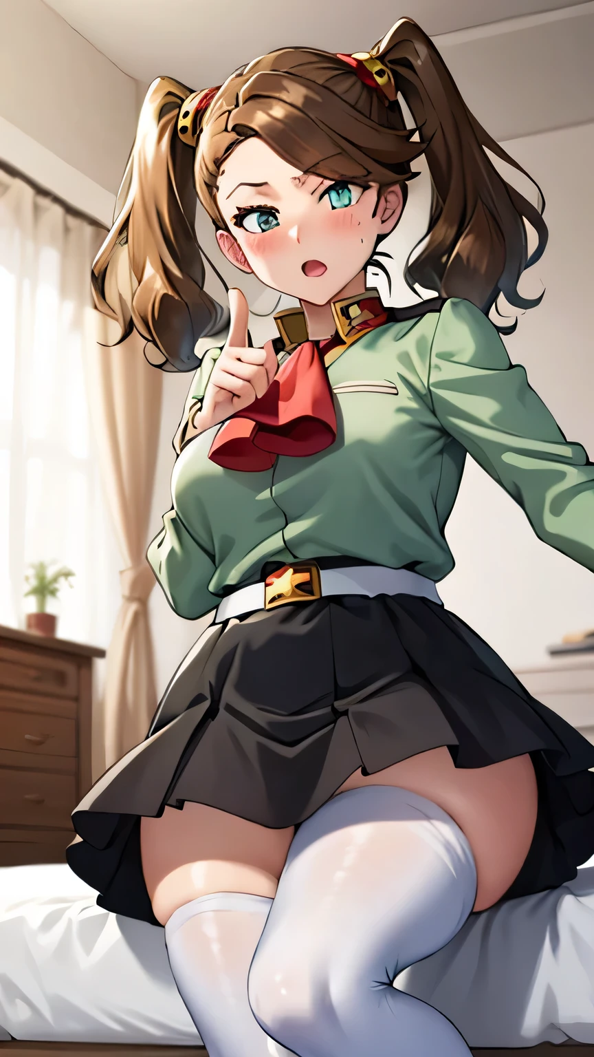 {{{ masterpiece}}}, {{{TOP QUALITY}}}, {{Ultra High Definition}}, { 's illustration }, {{so delicate and beautiful}}, (beautiful eye with attention to detail:1.6), Highly detailed faces , 16k, anime face , Kaoruko sazaki( Gundam Build Fighters Try), Kaoruko, cute face , long hair, brown hair, hair ornament, twin tail, swift bangs that keep your eyes in shape, brown eyes, big breasted, thin waist, big hips, curvy, plump thighs, break, puffy sleeves, Light green jacket, SHORT LENGTH JACKET , Long Sleeve, ascot , red ascot , White Belt, Square Cross Buckle , pantyhose, white pantyhose, High Waist Skirt, miniskirt, black skirt, thighs, Zettai Ryoichi , break, outdoor, watch viewers, open your mouth,, Sleeping, bedroom, is blurry, blush、 sweaty, is blurry background, Pointing to the viewer、 footjob:1.6、Pinch your dick between your legs