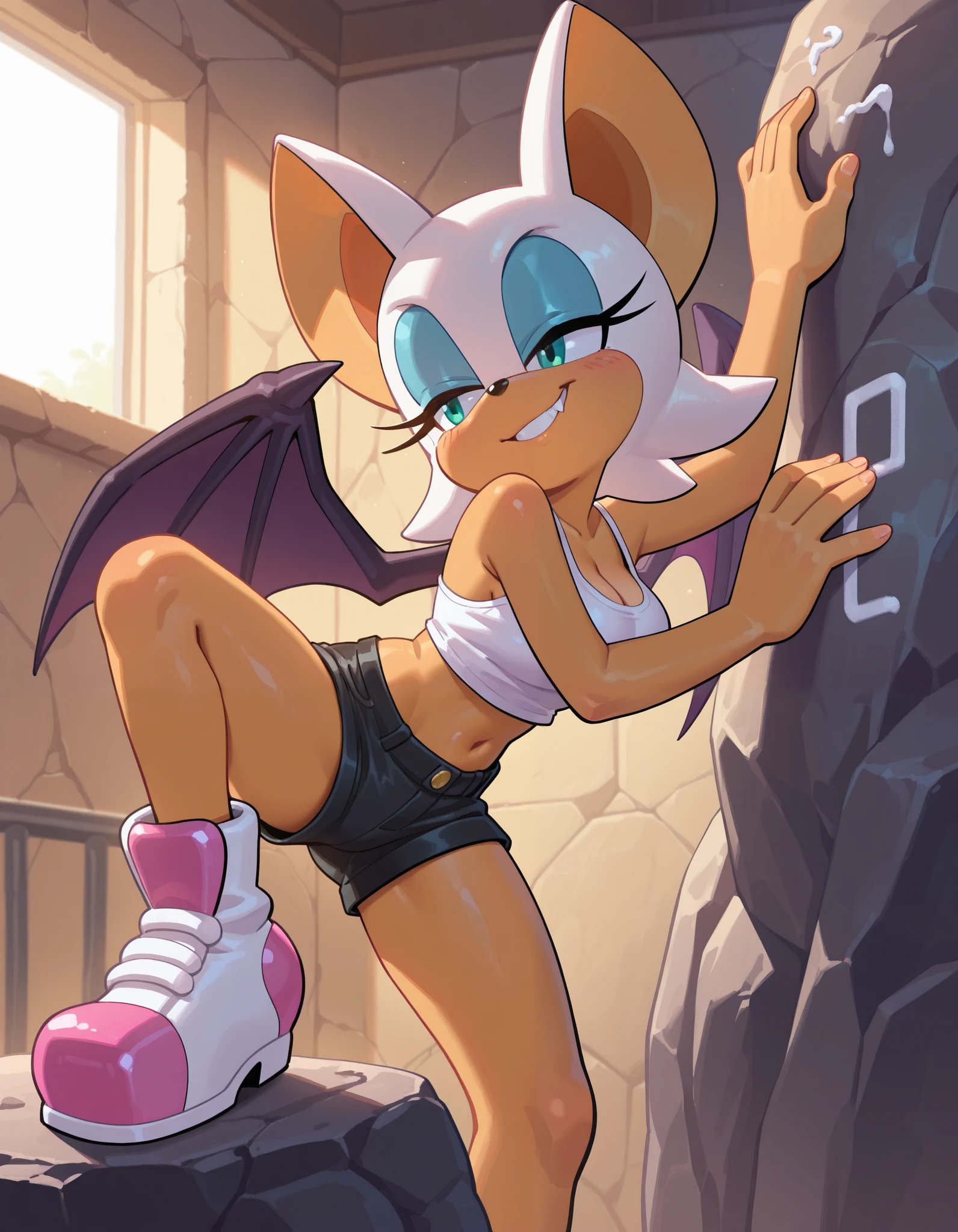 masterpiece, best quality, amazing quality, very aesthetic, absurdres, source furry, ((Rouge the bat)), ((short body)), viewed from side, half closed eyes, cyan eyes, sly grin, head tilt, white crop top, black tight short shorts, boulder shoes, midriff, navel, sleeveless, medium breasts, cleavage, indoors, boulderhall background, bare hands, chalk on hands, white dusty hands, climbing, (bat wings)