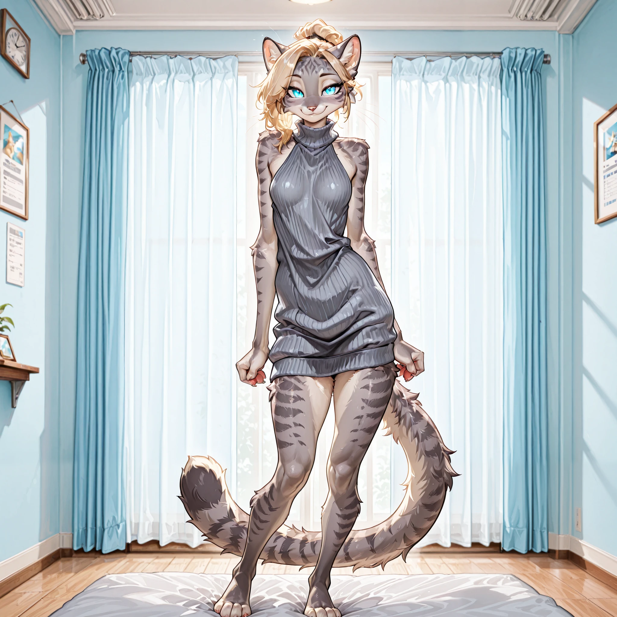 masterpiece, best quality, amazing quality, high resolution, absurdres, newest, solo, countershading, katxl ,adult female, Anthro furry feline, glowing blue eyes, grey striped fur, cheek fluff, blonde hair, small breasts, slender body, plantigrade feet paws, four toes, playful pose, front view, wearing only a grey virgin killer sweater, standing, in a vibrant dorm room