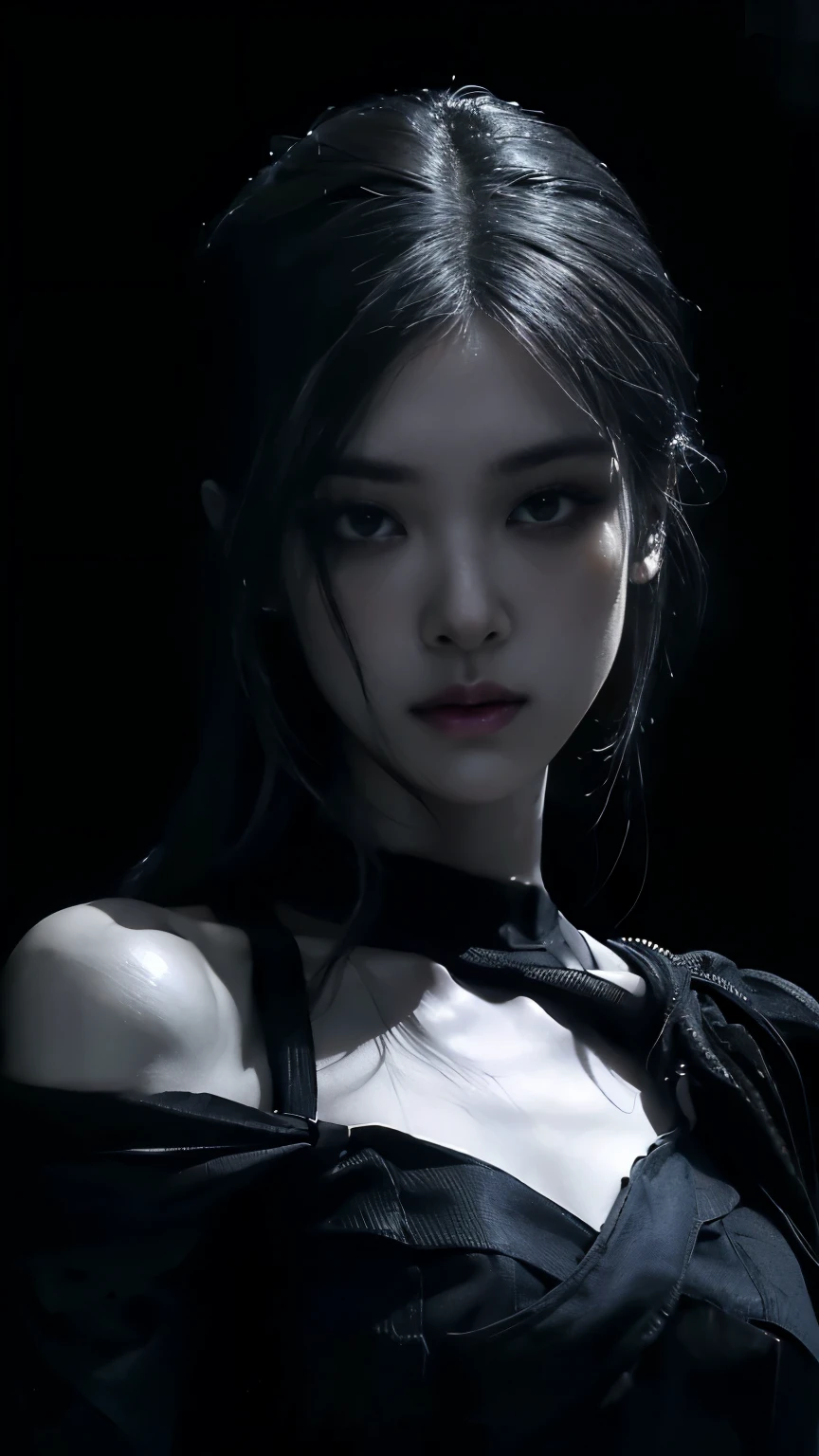 (best quality, highres:1.2), realistic, black dress, black hair, dark theme, black background, dark ninja, intense gaze, elegant posture, flowing dress, detailed facial features, long eyelashes, contrast, fine details, dramatic atmosphere, gothic style, intense emotions, monochrome color palette, captivating setting, haunting beauty, artistic photography, everything is black