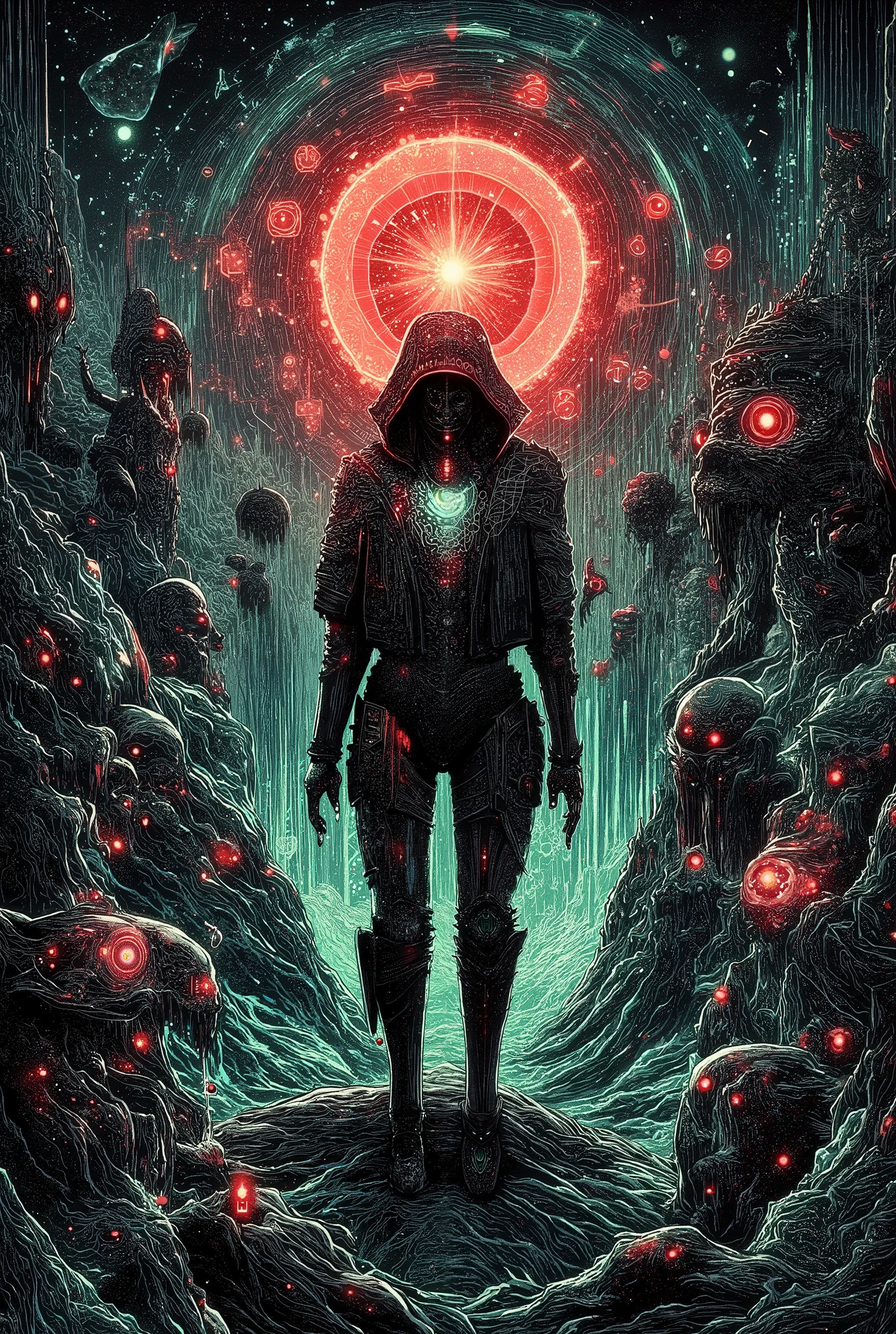 best quality, illustrator anime, style retro classic, master piece:1.5、(minimal art), woman、colored hair, silence、An ennui look、Densely drawn, huge breasts, portrait, neon color palette, school girl uniform, thin waist, thigh highs, slender 
, alien god, world simulation , martix , cyberspace simulation , virtual reality , code in objects, digital sun and sky , eternity algorithm , in style of Santiago Caruso,Linear delusion, Collage art：A man standing in a field，Behind me is a huge red sun like giants dead eye ，Fantasy Art, galaxy,illustration, Vector Sad guy in old hooded jacket, ,' console , shadow on face, mysterious, futuristic elements,, bits high quality, 8K Ultra HD, A beautiful double exposure that combines an goddess silhouette with sunset coast, sunset coast should serve as the underlying backdrop, with its details incorporated into the goddess , crisp lines, The background is monochrome, sharp focus, double exposure, by yukisakura, awesome full color, hand forest from ground
