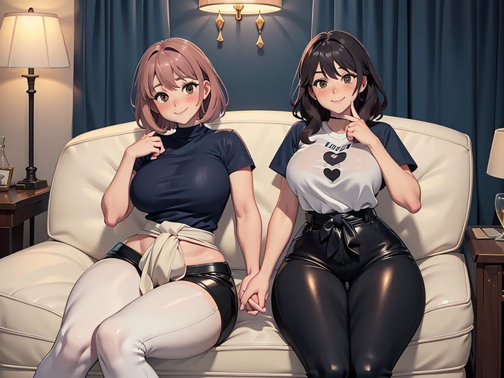 Beautiful female, short hair, black hair, curly hair, blue eyes, chubby female, doe eyes, piercings, wearing thigh highs, oversized shirt, black shirt, blue thigh highs, ecstasy expression, soft features, sitting on bed, olive skin, fine curly hair, 2 women, brown hair, brown eyes