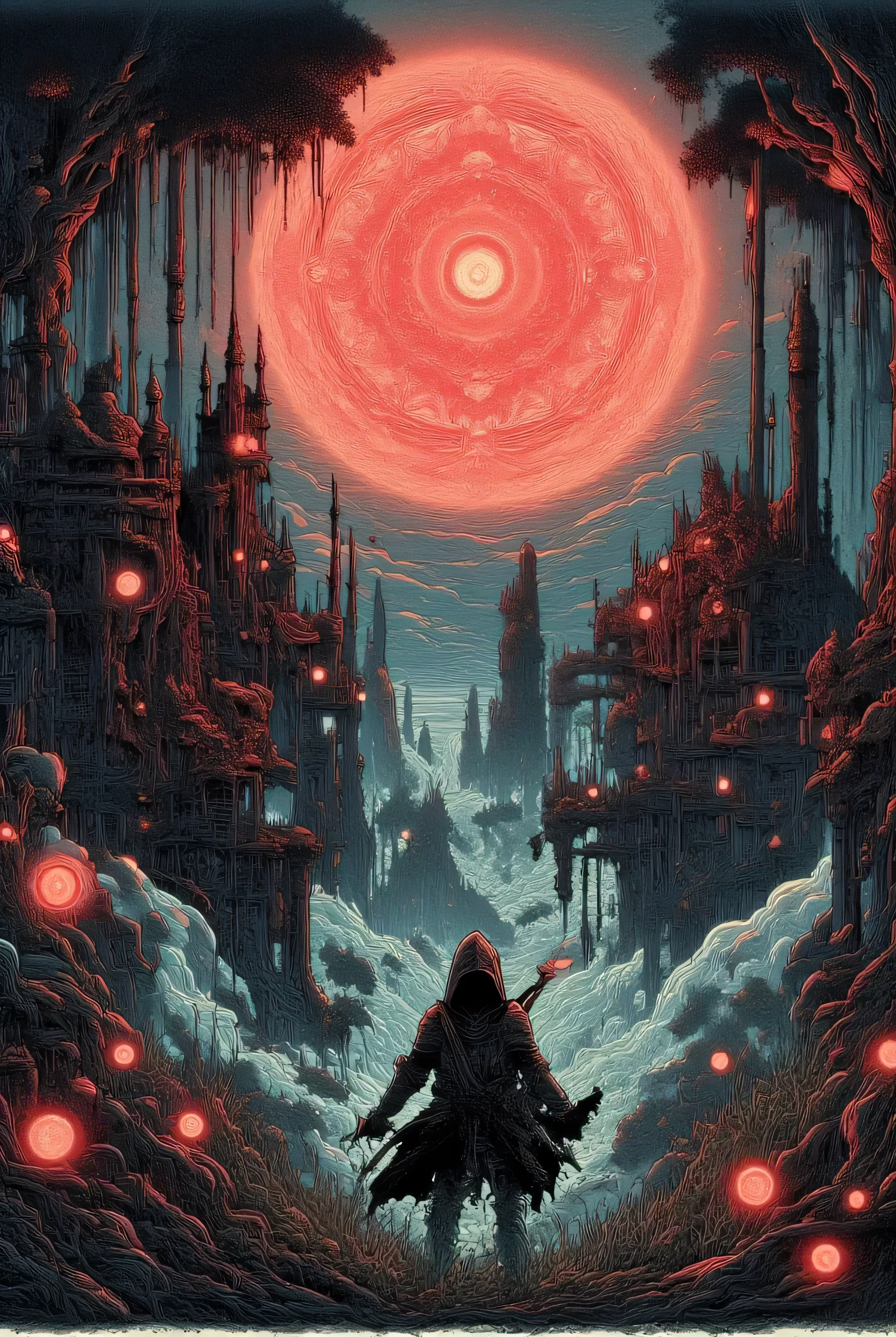 Pray, alien god, world simulation , martix , cyberspace simulation , virtual reality , code in objects, digital sun and sky , eternity algorithm , in style of Santiago Caruso,Linear delusion, Collage art:A man standing in a field,Behind me is a huge red sun like giants dead eye ,Fantasy Art, galaxy,illustration, Vector Sad guy in old hooded jacket, ,' console , shadow on face, mysterious, futuristic elements,, bits high quality, 8K Ultra HD, A beautiful double exposure that combines an goddess silhouette with sunset coast, sunset coast should serve as the underlying backdrop, with its details incorporated into the goddess , crisp lines, The background is monochrome, sharp focus, double exposure, by yukisakura, awesome full color, hand forest from ground