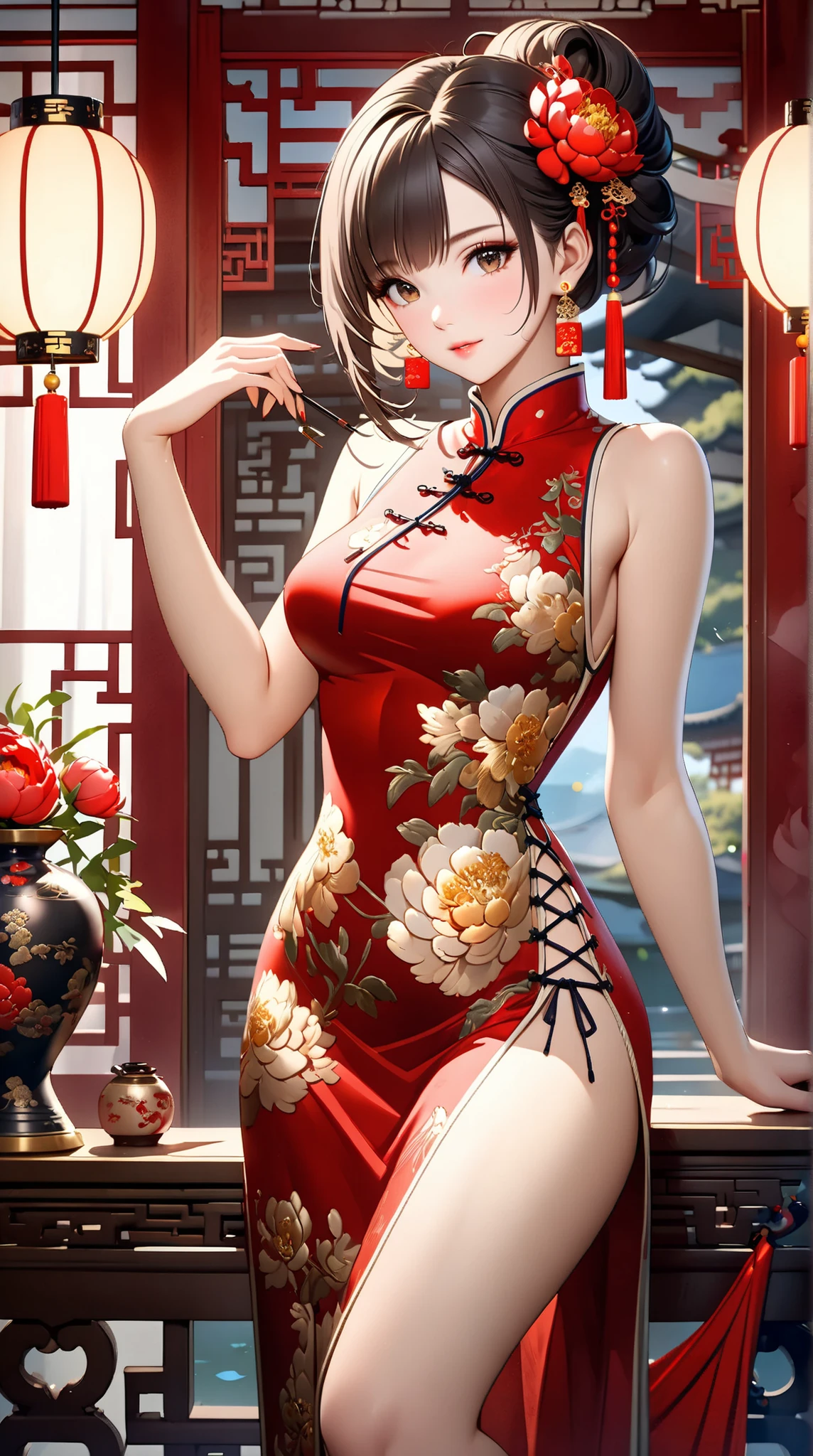 High resolution, adult woman , good lighting, despicable, , (No nudity), (((China dress))), (()), ((())), (garter belt), abdomen only, (), , cute face, I'm embarrassed and blush, humiliating, ((turn around and look back)), ((See-through))()(T-back)(a large amount of is on the body,)