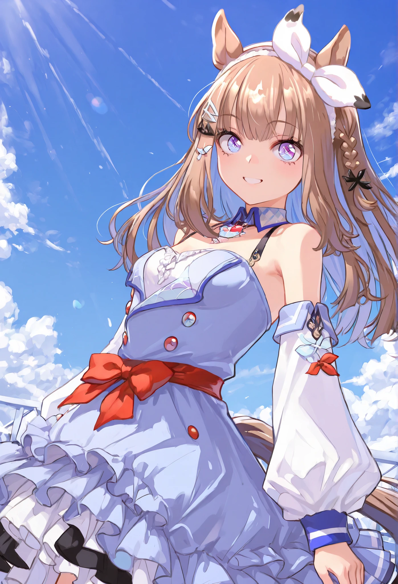 {{{ masterpiece}}}, {{{ TOP QUALITY}}}, {{ Ultra High Definition}}, { Illustration }, {{ Extremely Delicate and Beautiful}}, {{{ masterpiece}}}, {{{ TOP QUALITY}}}, {{ Ultra High Definition}}, { Illustration }, {{ Extremely Delicate and Beautiful}},{smile},{{{Uma Musume}}},{{{ Almond Eye}}},{ happy smile}, {{{dynamic angle}}}, {}{point at viewer}}}, facing at viewer,{ red ribbon}