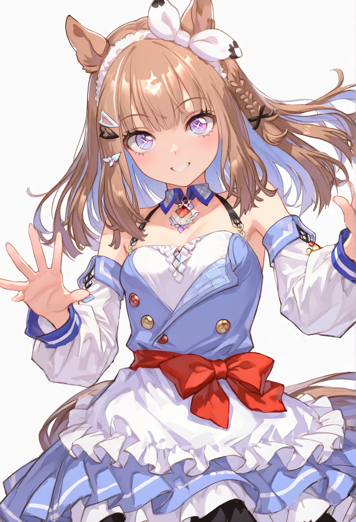 {{{ masterpiece}}}, {{{ TOP QUALITY}}}, {{ Ultra High Definition}}, { Illustration }, {{ Extremely Delicate and Beautiful}}, {{{ masterpiece}}}, {{{ TOP QUALITY}}}, {{ Ultra High Definition}}, { Illustration }, {{ Extremely Delicate and Beautiful}},{smile},{{{Uma Musume}}},{{{ Almond Eye}}},{ happy smile}, {{{dynamic angle}}}, {{{open arms for viewer}}}, facing at viewer,{ red ribbon}