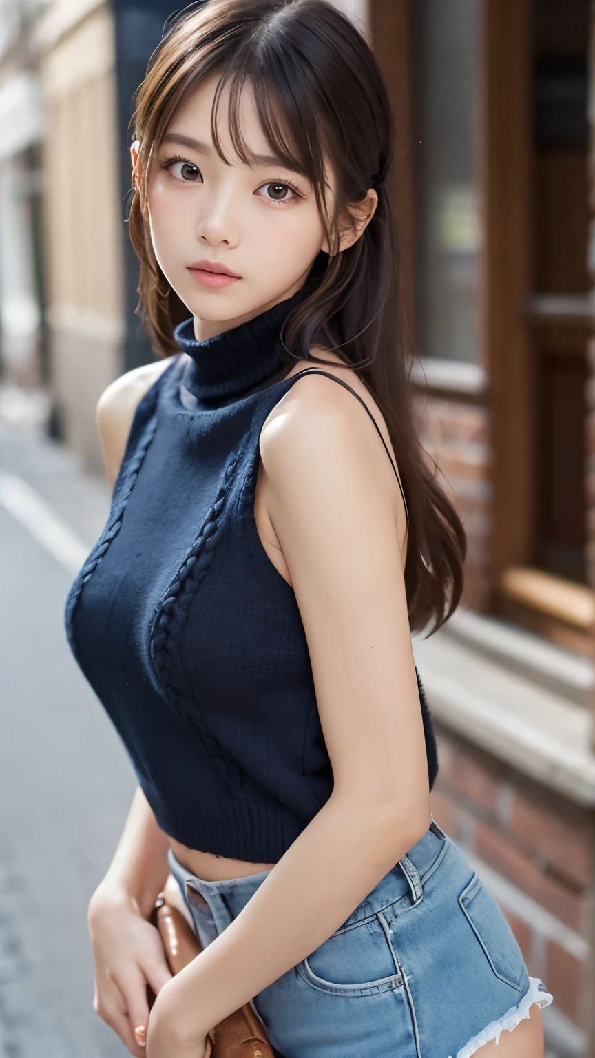  one girl,  high resolution,  Masterpiece,  accurate, anatomically accurate, number々Awards , 最 high quality,  high resolutionモデル,  high detail,  high quality, retina,  very detailed,  ultra high definition,  textured skin,   shiny hair 、 Beautiful skin、 droopy eyes 、 Summer clothes、  stylish、 date、NIKON、16k,  small and very cute pochette {x} portrait taken by a professional photographer、　 female 、　 (nffsw), (knit, high neck, sleeveless, off shoulder, (side boob), arm, shorts), (cowboy shot:1.2), (sexy pose:1.2), looking at the viewer, in the center of the image,