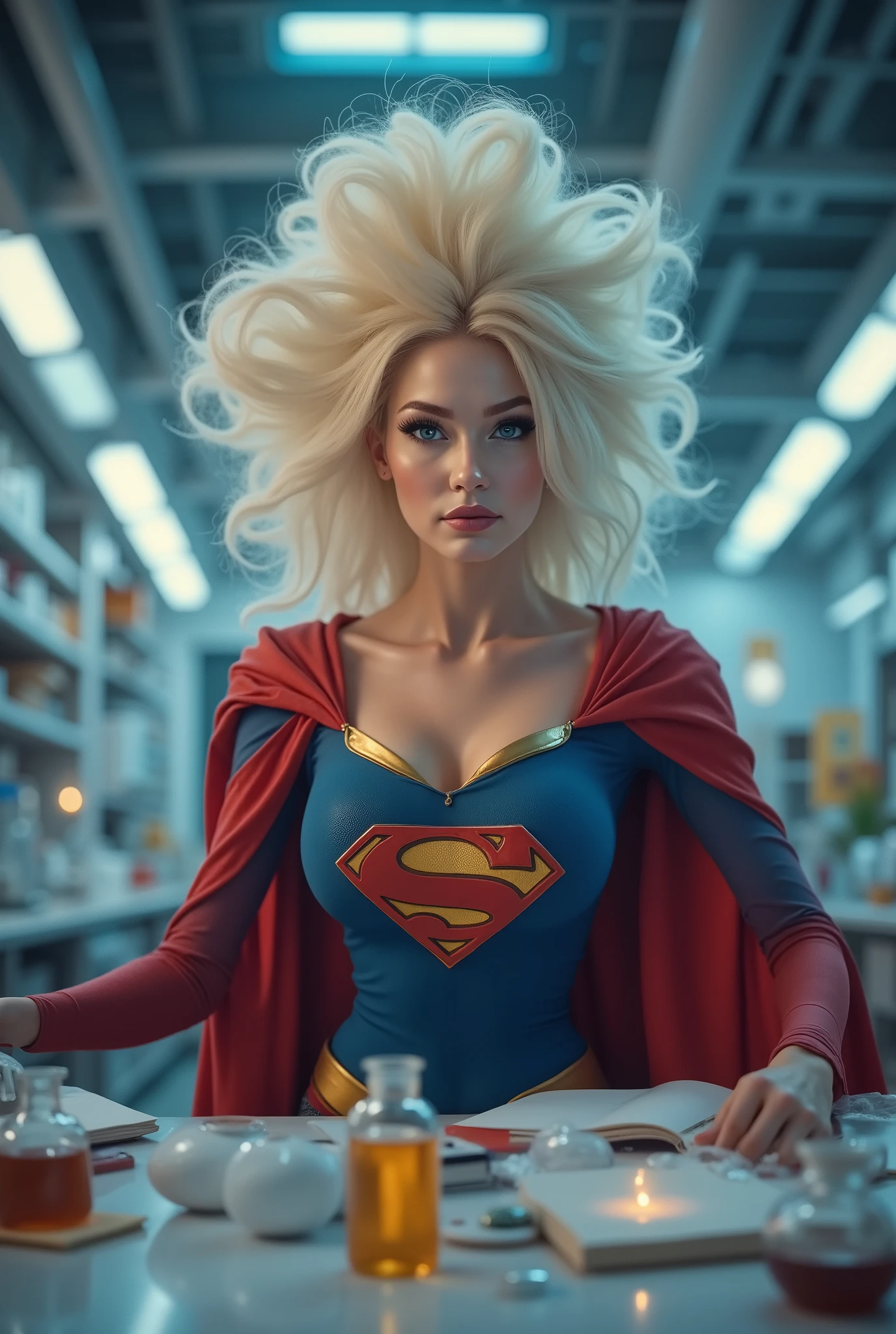 (THE STORY OF SUPERGIRL) a brilliant but socially awkward young BLONDE NERD who, while working late in herhigh tech laboratory, accidentally discovers a revolutionary serum. When tested, the formula unexpectedly grants extremely huge breasts, super breasts, super huge breasts. LEANING OVER HER DESK SEDUCTIVELY, WEARING A CLASSIC SUPERGIRL COSTUME AND CAPE AS HER BOOBS SWELL AND INFLATE, MASSIVE OVERSIZED BOOBS STRAINING AGAINSTTHE FABRIC OF HER SUPERGIRL COSTUME. LIGHT PALE BLUE EYES.