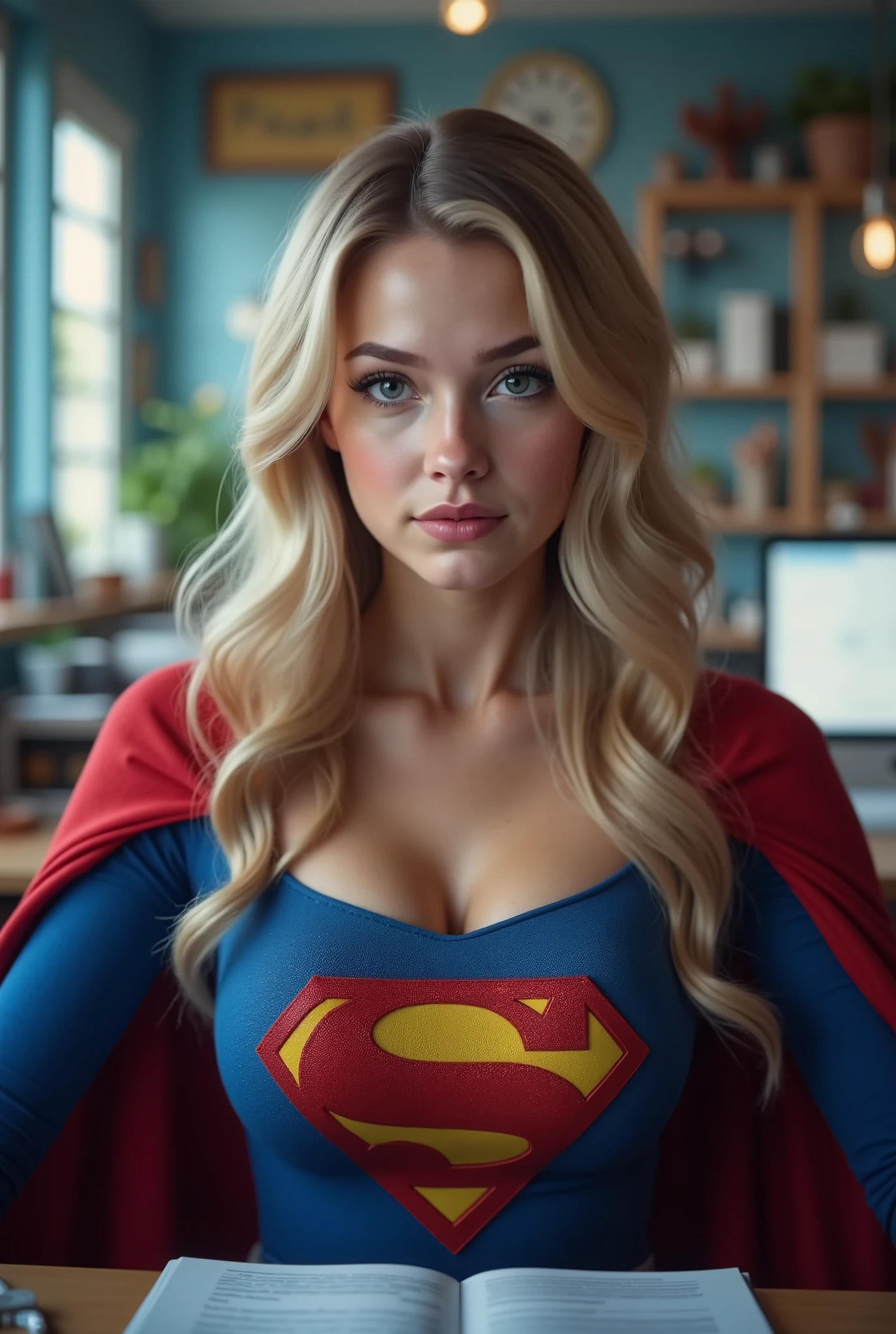 (long shot:1.3), (full body:1.3),(1girl),(extremely young), (elemtary school age),intensely erotic image, male gaze, male sex fantasy, (THE STORY OF SUPERGIRL) a brilliant but socially awkward young BLONDE NERD who, while working late in herhigh tech laboratory, accidentally discovers a revolutionary serum. When tested, the formula unexpectedly grants extremely huge breasts, super breasts, super huge breasts. LEANING OVER HER DESK SEDUCTIVELY, WEARING A CLASSIC SUPERGIRL COSTUME AND CAPE AS HER BOOBS SWELL AND INFLATE, MASSIVE OVERSIZED BOOBS STRAINING AGAINSTTHE FABRIC OF HER SUPERGIRL COSTUME. LIGHT PALE BLUE EYES.