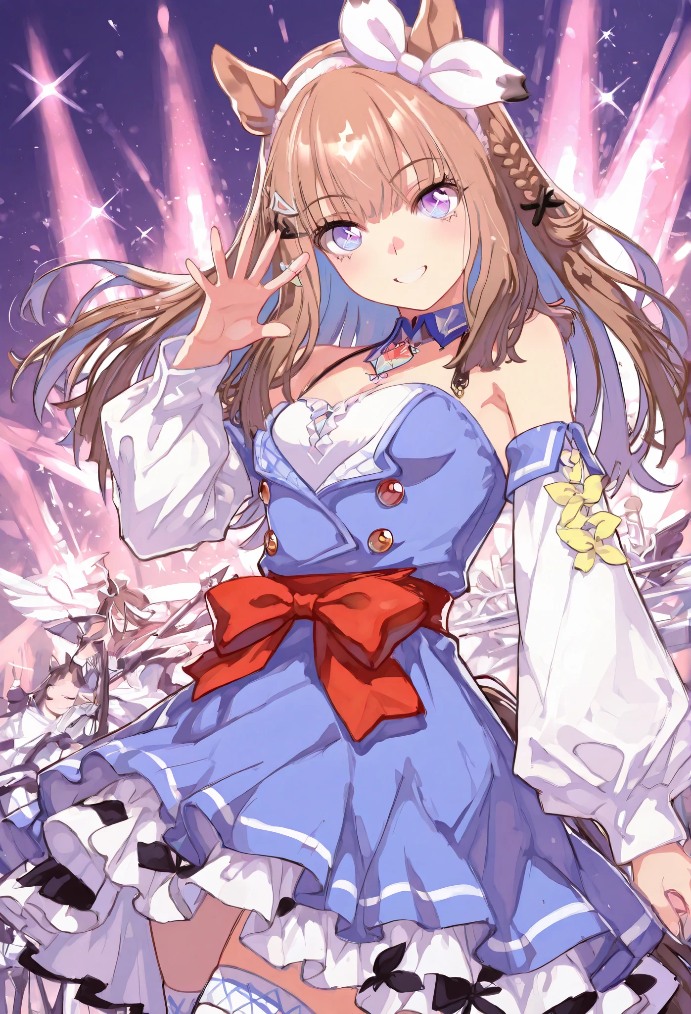 {{{ masterpiece}}}, {{{ TOP QUALITY}}}, {{ Ultra High Definition}}, { Illustration }, {{ Extremely Delicate and Beautiful}}, {{{ masterpiece}}}, {{{ TOP QUALITY}}}, {{ Ultra High Definition}}, { Illustration }, {{ Extremely Delicate and Beautiful}},{smile},{{{Uma Musume}}},{{{ Almond Eye}}},{ happy smile}, {{{dynamic angle}}}, {}{point at viewer}}}, facing at viewer,{big red ribbon on the waist},{yellow ribbon on the sleeve},{Pop Background}