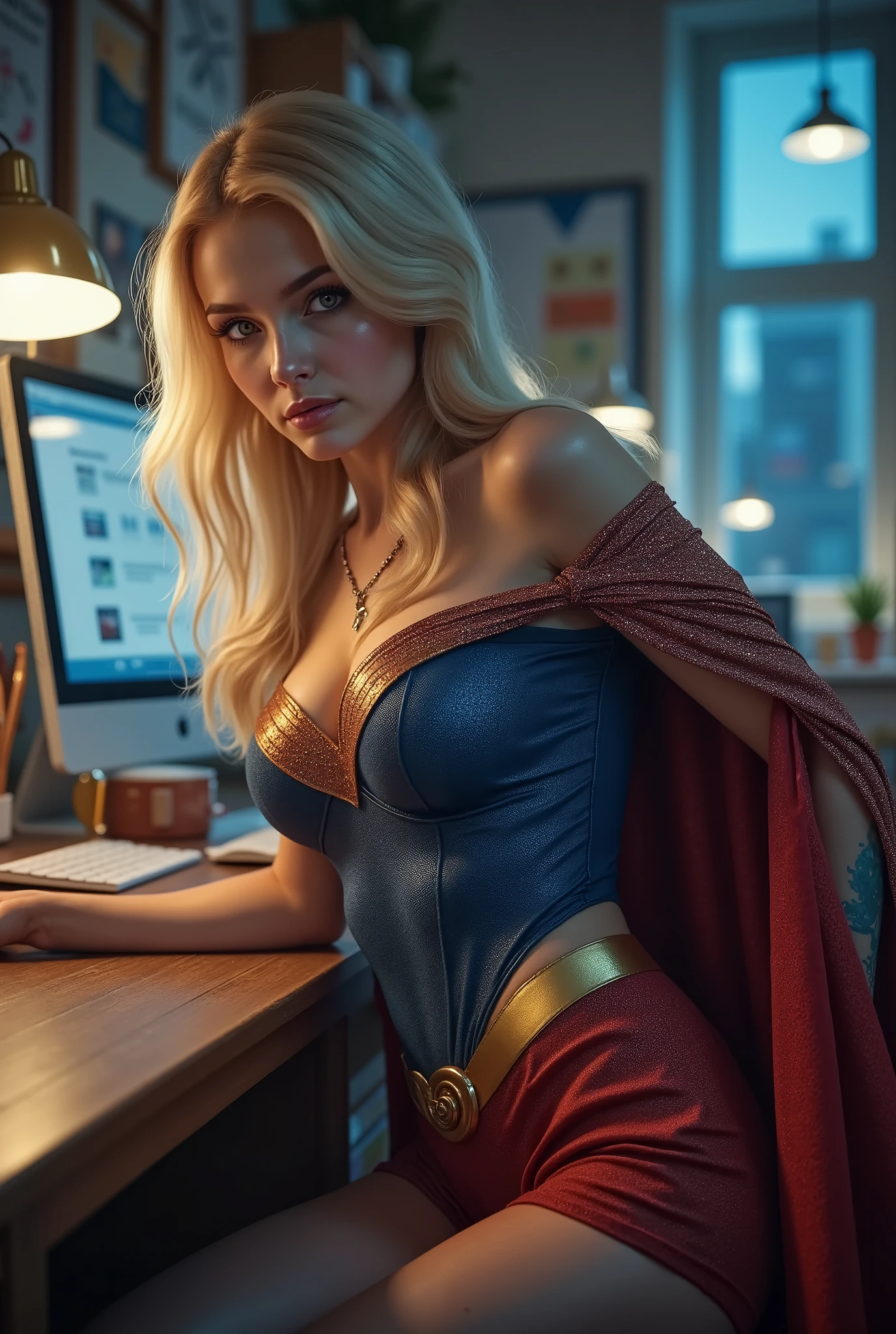 (long shot:1.3), (full body:1.3),(1girl),(extremely young), (elemtary school age),intensely erotic image, male gaze, male sex fantasy, (THE STORY OF SUPERGIRL) a brilliant but socially awkward young BLONDE NERD who, while working late in herhigh tech laboratory, accidentally discovers a revolutionary serum. When tested, the formula unexpectedly grants extremely huge breasts, super breasts, super huge breasts. LEANING OVER HER DESK SEDUCTIVELY, WEARING A CLASSIC SUPERGIRL COSTUME AND CAPE AS HER BOOBS SWELL AND INFLATE, MASSIVE OVERSIZED BOOBS STRAINING AGAINSTTHE FABRIC OF HER SUPERGIRL COSTUME. LIGHT PALE BLUE EYES.