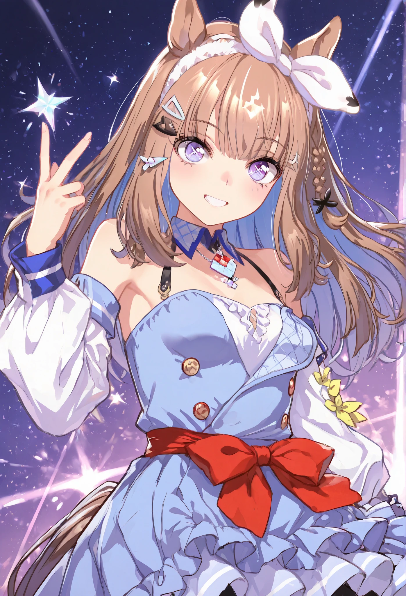 {{{ masterpiece}}}, {{{ TOP QUALITY}}}, {{ Ultra High Definition}}, { Illustration }, {{ Extremely Delicate and Beautiful}}, {{{ masterpiece}}}, {{{ TOP QUALITY}}}, {{ Ultra High Definition}}, { Illustration }, {{ Extremely Delicate and Beautiful}},{smile},{{{Uma Musume}}},{{{Almond Eye}}},{ happy smile}, {{{dynamic angle:1.5}}}, {{{point at viewer:1.5}}}, facing at viewer,{big red ribbon on the waist},{yellow ribbon on the sleeve},{Pop Background}