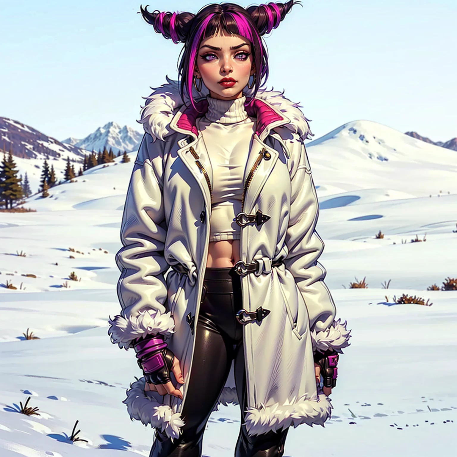 ((1girl, solo ,alone, Juri Han, pretty Juri Han from Street Fighter, (purple eyes, twojuri, purple eyes, long sleeves, thrjuri, multicolored hair, purple eyes, JuriMS , sfv, hair horns), foujuri, muscular female, gold bracelets, ruby earrings)),  ((fitness,, shapely body, athletic body, toned body)), ((warm clothes, overcoat, fur coat, sweater, leather pants, , mountainous environment, snow, sunny day, forest, tundra forest, xuer white fur coat, smug, red lipstick, purple lining))