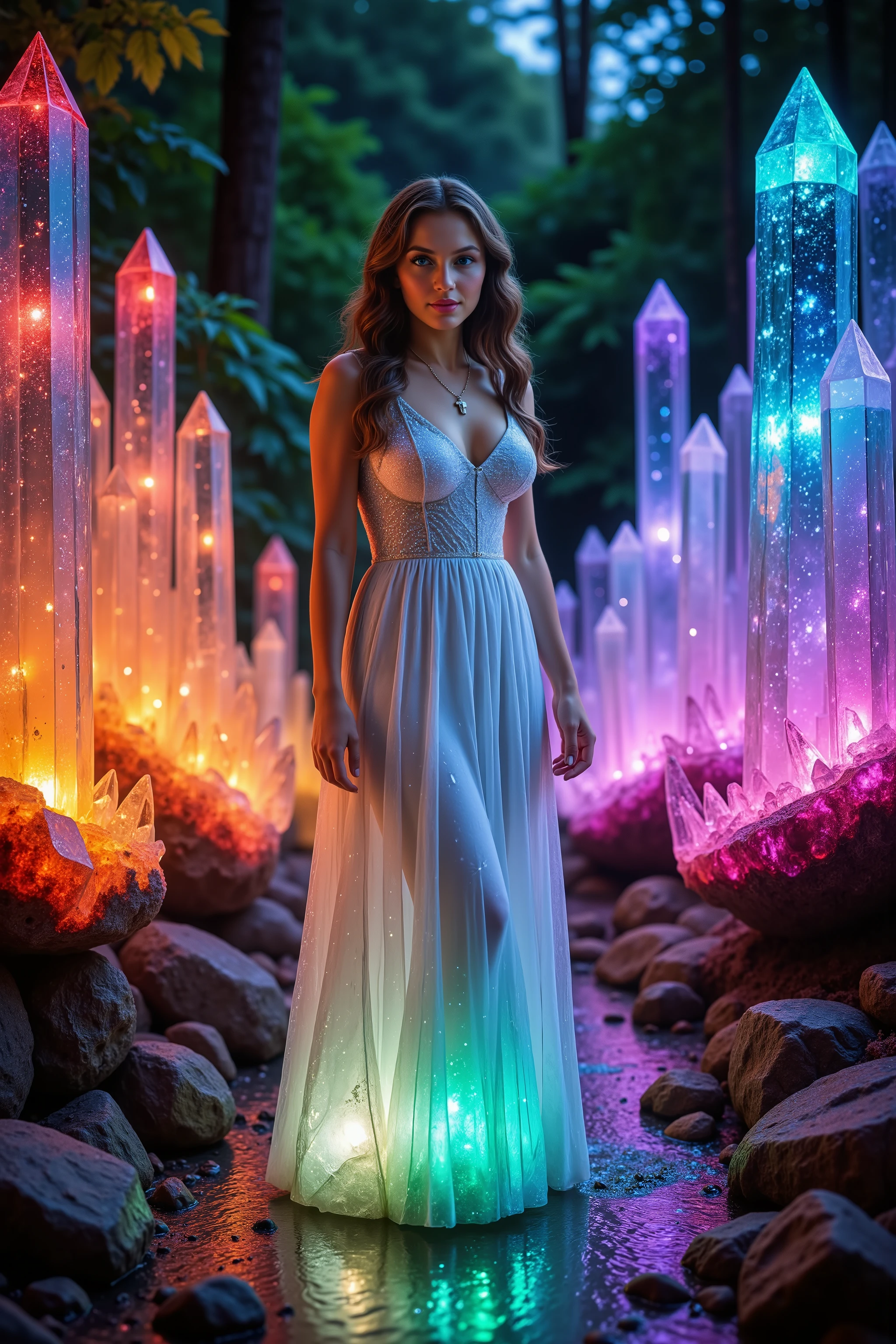 1girl, gorgeous European face, sparkling/glowing blue eyes, long eyelashes, long white dress, very large breasts, looking at viewer, small crucifix necklace. Hundreds of different colored quartz crystals 6 to 9 feet tall, Many hundreds of extremely large((taller than the girl))and thick crystal point formations, The translucent crystals are glowing a bright neon orange, electric blue, neon purple, neon pink, neon green, and neon yellow, color from inside of the quartz crystal points protruding from the edges of the stream, neon purple, bubbling stream water with extremely bright neon green bubbles and purple water glowing and fizzing at the edges. Lush jungle, Full sunlight, Breathtakingly beautiful, ultra-realistic, cinematic photography, cinematic portrait, cinematic lighting, portrait photography,photorealistic,ultra detailed,UHD,full focus,highest/best quality,award winning, spectacular,stunning, incredible,too cool for school, fantastic,Positive Energy,Constant Elevation, Masterpiece