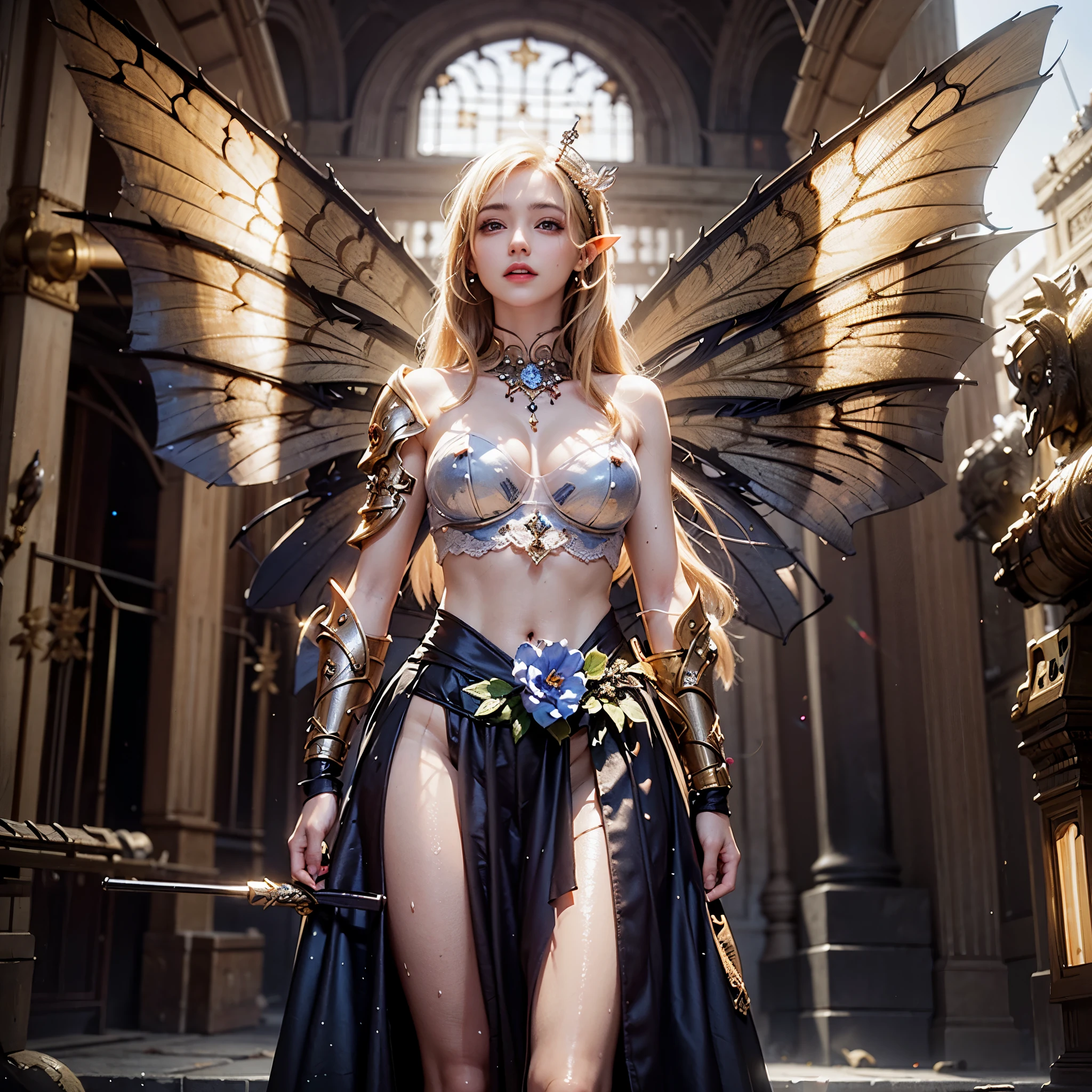 the ice dragon and the steampunk robot, copper and brass, the buxom maiden with the  transparent see through elven splitoff dress, ultra high pixel detail, cinematic, intricate, cinematic light, concept art, art station, realistic, movie scene, cinematic, high quality, floating, flying, hovering in the air, magical atmosphere, 