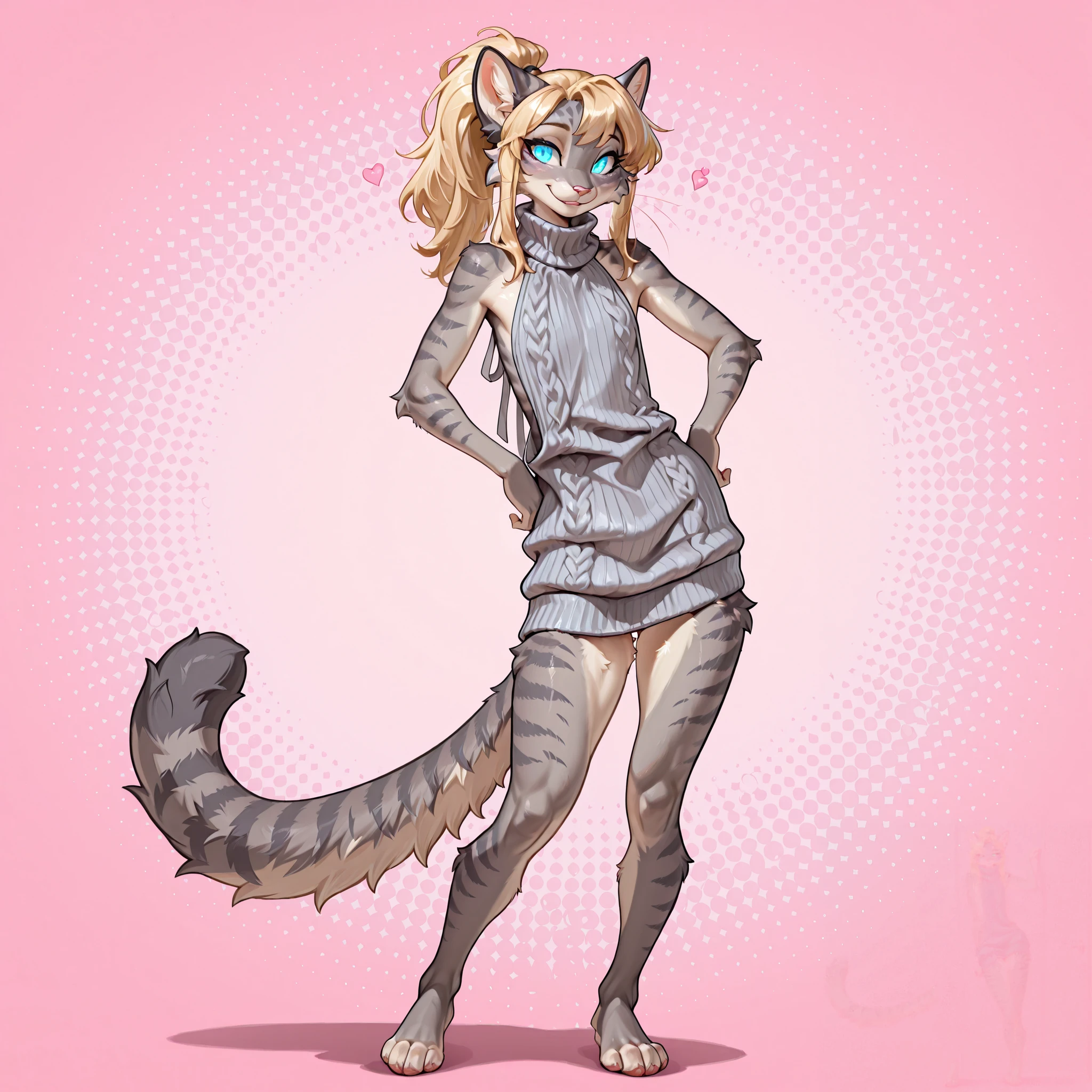 masterpiece, best quality, amazing quality, high resolution, absurdres, newest, solo, countershading, katxl ,adult female, Anthro furry feline, glowing blue eyes, grey striped fur, cheek fluff, blonde hair, ponytail, side locks, small chest size, slender body, plantigrade feet paws, four toes, playful pose, front view, wearing only a grey virgin killer sweater, standing, abstract pink background