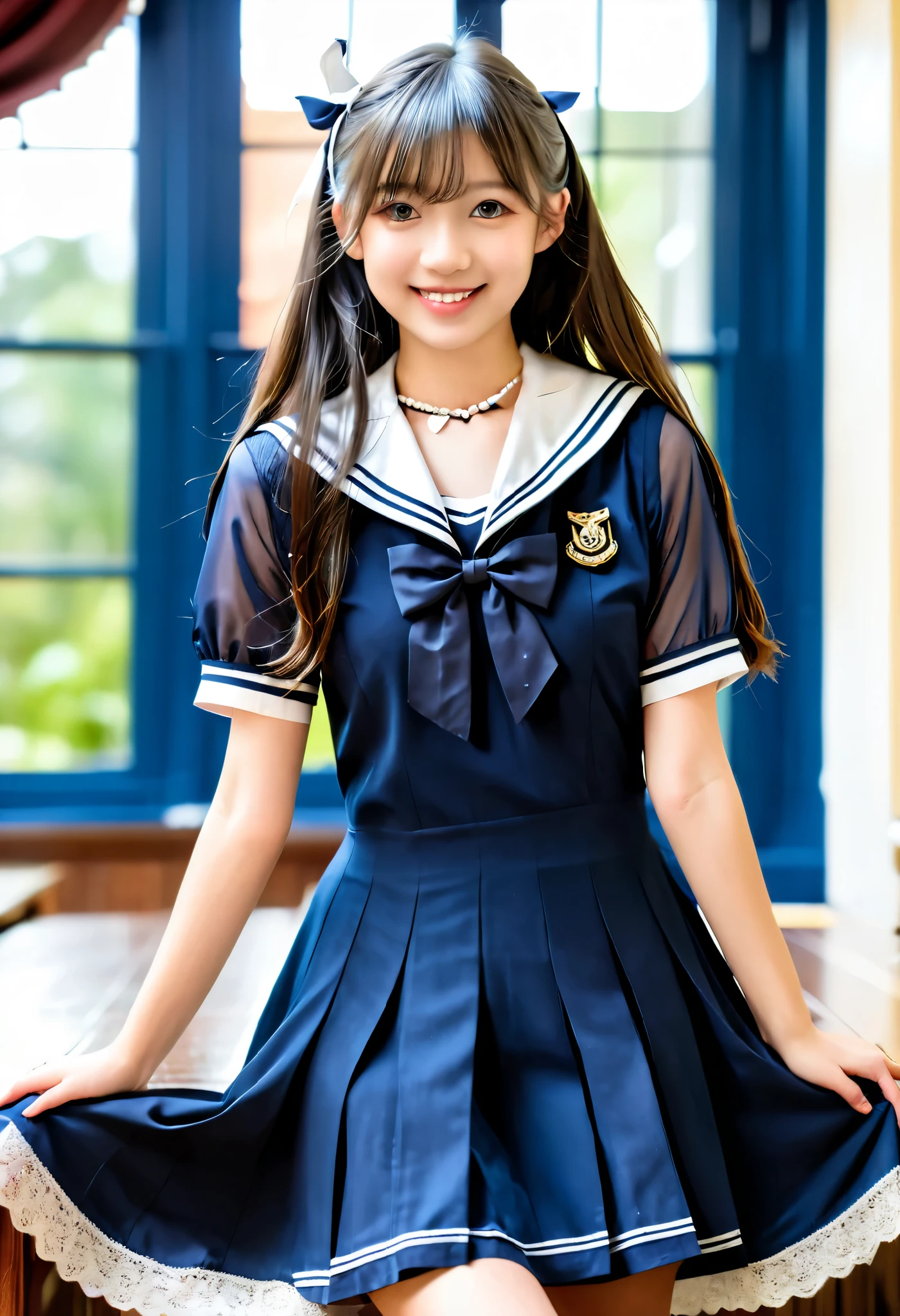 (Long Hair Girl:1.2), Gentle Eyes,smiles shyly, Loosely curled hair, Girl from the front, cute girl, Bewitching Girl,  rich breasts, High school uniform style, Proposal for a new uniform, Exquisite details, ( Women's School, Young lady, silk and lace sheer school sailor dress uniform:1.4), 8K RAW photo, full body shot,  masterpiece, TOP QUALITY, TOP QUALITY, Cinematic Lighting, ( volumetric lighting), very detailed, 8K RAW photo, Concentrated, 8k, 16K cinematic photo, very detailed,  surreal, photorealistic, sharp concentration, is ridiculous, (high definition:1.2), (high contrast), Detailed and complex,  Instagram , portrait, High Precision, DIGITAL PAINTING,  art station, concept art,  smooth, sharp concentration, soft lighting, Cinematic Lighting,  cinematic photography ,