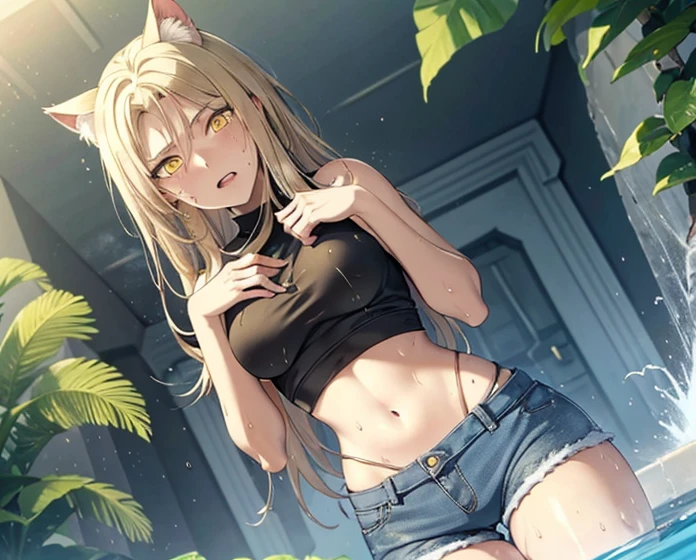 1 sola mujer, mujer sola .Atalanta, mujer, orejas  de gato, cabello rubio c, ojos verdes como esmeraldas, pechos grandes, sonrisa feliz, pechos grandes, yellow bra, sexy bragas amarillas, fondo una habitacion, hands behind head. solo una mujer  mujer sola. rubia, pelo rubio