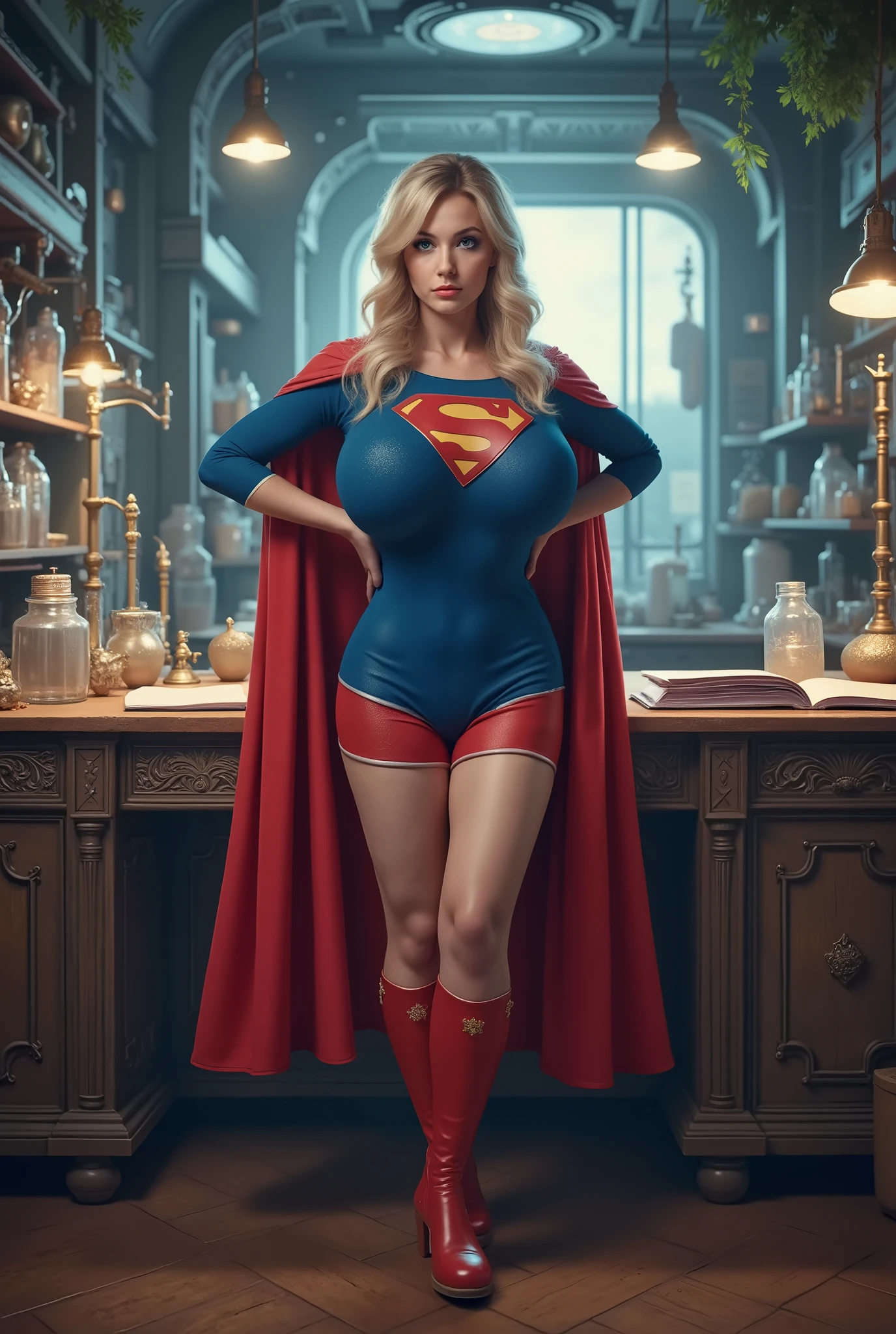(THE STORY OF SUPERGIRL), (long shot:1.3),huge breast fetish art trending on DeviantArt,(in ahigh tech laboratory:1.3),intricate background,highly detailed background, BREAK, (full body:1.3),(1girl),extremely young, elemtary school age,intensely erotic image, male gaze, male sex fantasy, a brilliant but socially awkward young BLONDE NERD who, while working late in her high tech laboratory, accidentally discovers a revolutionary serum. When tested, the formula unexpectedly grants extremely huge breasts, super breasts, super huge breasts. LEANING OVER HER DESK SEDUCTIVELY, WEARING A CLASSIC SUPERGIRL COSTUME AND CAPE AS HER BOOBS SWELL AND INFLATE, MASSIVE OVERSIZED BOOBS STRAINING AGAINSTTHE FABRIC OF HER SUPERGIRL COSTUME. LIGHT PALE BLUE EYES.