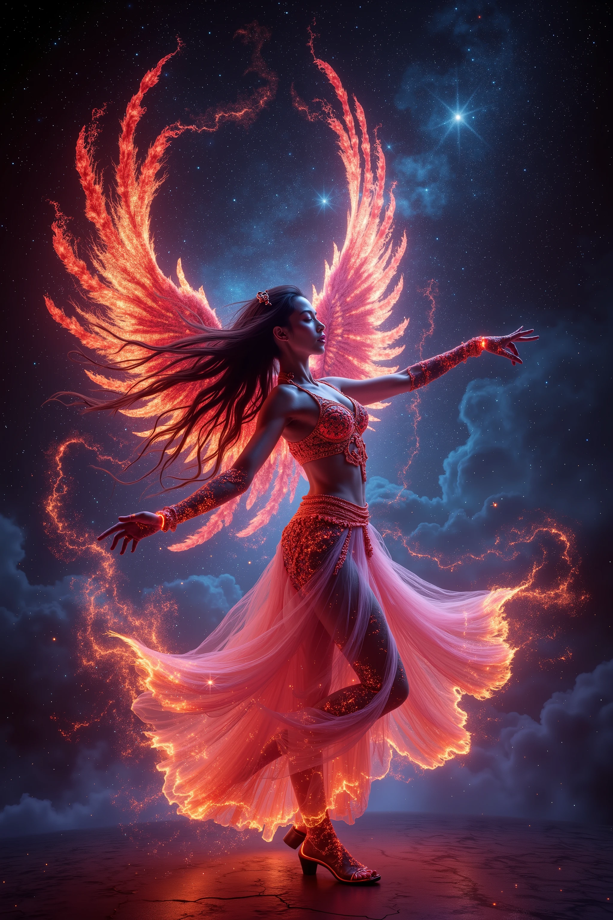 Japanese dance: God who was baptized, sublimated into Phoenix、magic and flame, emitting luminescence, long hair, neon luminescence tattoo, Japanese woman、ULTRA HIGH QUALITY HIGH PRECISION FAR-VIEW、Heaven with an infinite blink and neon effect、fantastic phoenix background with space clouds and sacred geometric pattern、Angle from just above the so far side