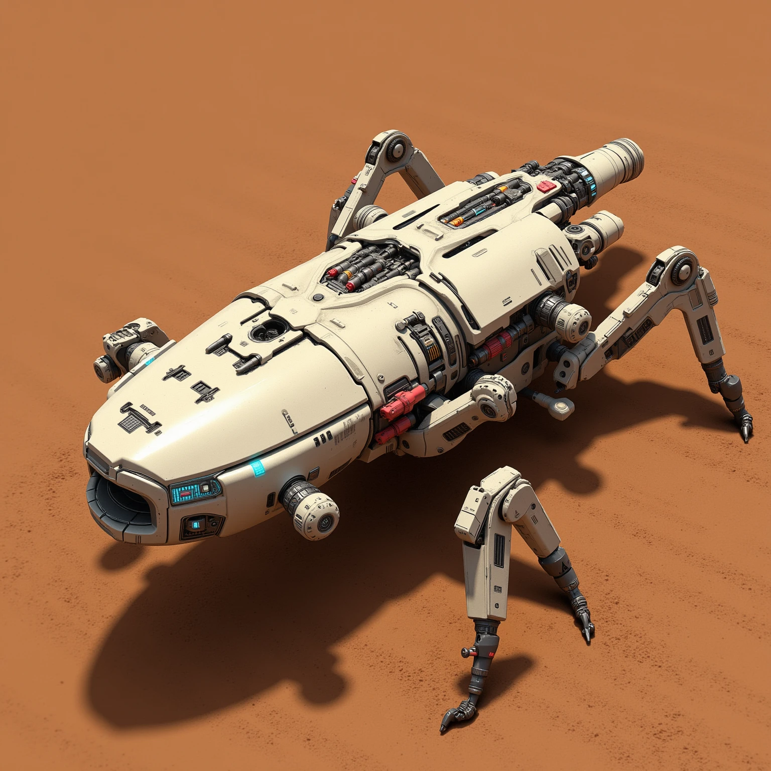 "armed beetle Fixed turret with long 120 mm caliber gun, futurist, Of a dirtier, dusty white color due to the sandy terrain, seen from above, positioned on Mars terrain. The base of the dusty turret, integrated with the ground, with technological details and evident mechanical structures. The 120 mm, é robusto e de design futurist, and luminous details in blue or red. The beetle has visible mechanical joints and advanced sensors. Its metal structure and reinforced panels, Of the weapon of war."
