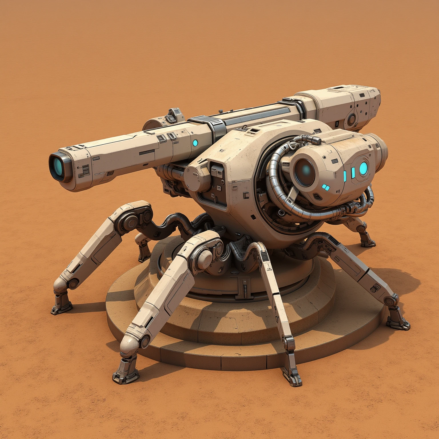 "armed beetle Fixed turret with long 120 mm caliber gun, futurist, Of a dirtier, dusty white color due to the sandy terrain, seen from above, positioned on Mars terrain. The base of the dusty turret, integrated with the ground, with technological details and evident mechanical structures. The 120 mm, é robusto e de design futurist, and luminous details in blue or red. The beetle has visible mechanical joints and advanced sensors. Its metal structure and reinforced panels, Of the weapon of war."