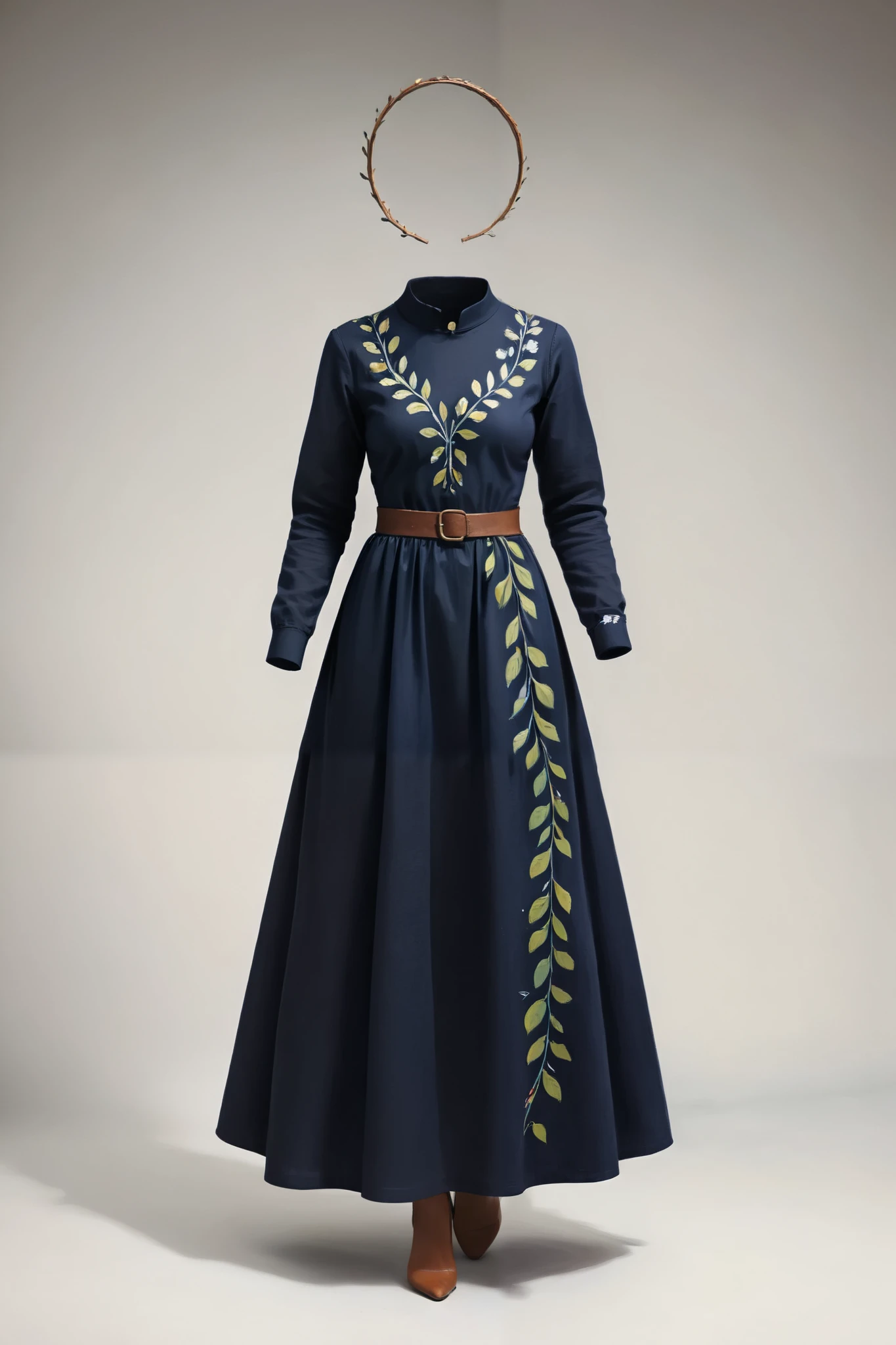 2D ART, Nobody, gouache painting, illustration, gougoupaintleaves style, 1 long medieval dress, peasant dress, long sleeves, navy blue, frontal full body shot, on simple white background, full body shot, very detailed, novuschroma style, stylized illustration conceptual art, Solo,