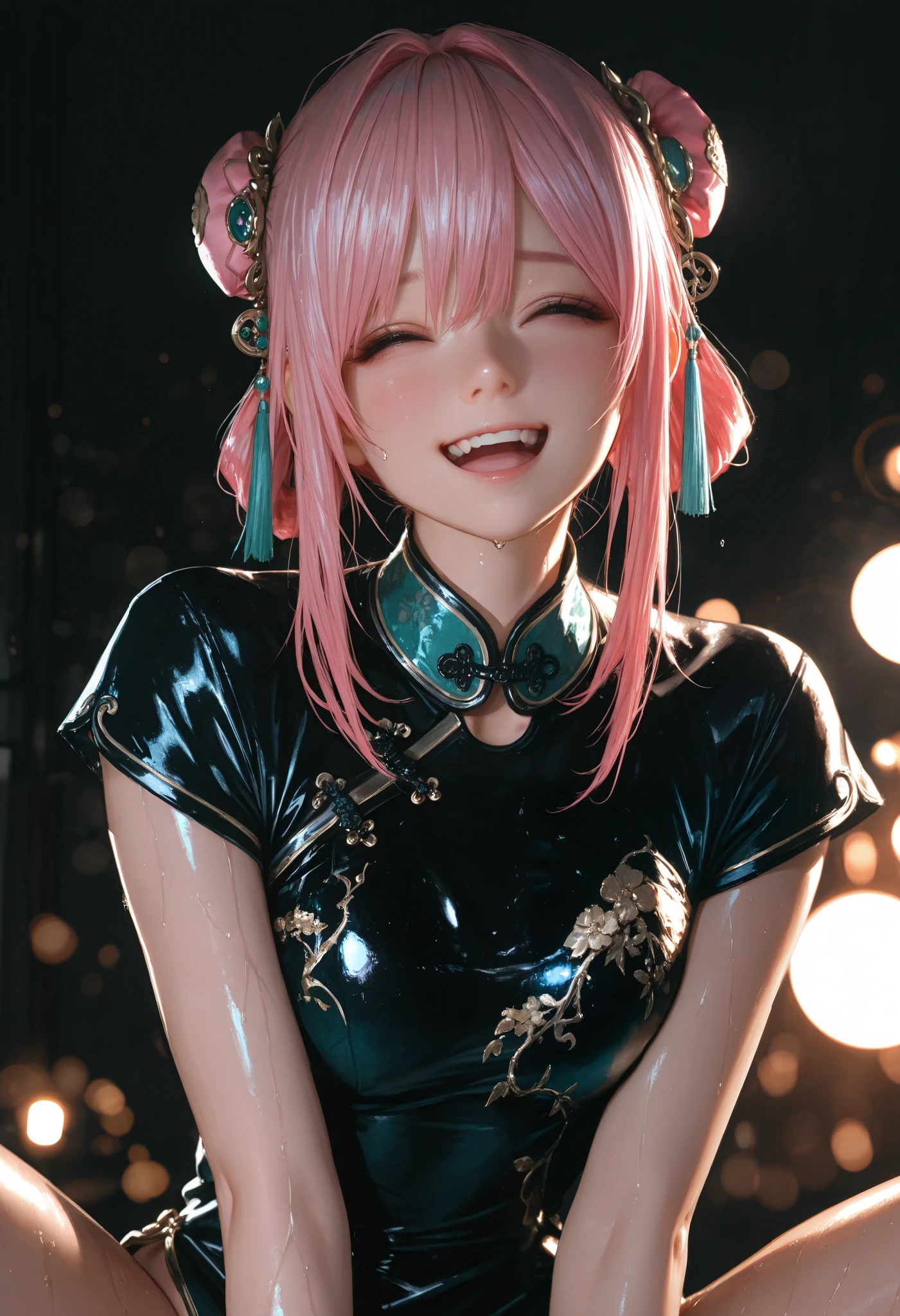 the best quality, masterpiece, highres, 1 girl, Chinese dress,hair ornament,collar, jeweler's,Beautiful face,upon_ Body, Tyndall effect ,photorealistic, Dark studio , edge lighting, two-tone lighting,(high definition skin:1.2), 8K uhd, DSLR quality, soft lighting , High quality, volumetric lighting, sincere, de 8K , dementia, 4k, 8K, bokeh, pink hair, naked, horny ,excited,wet vagina,