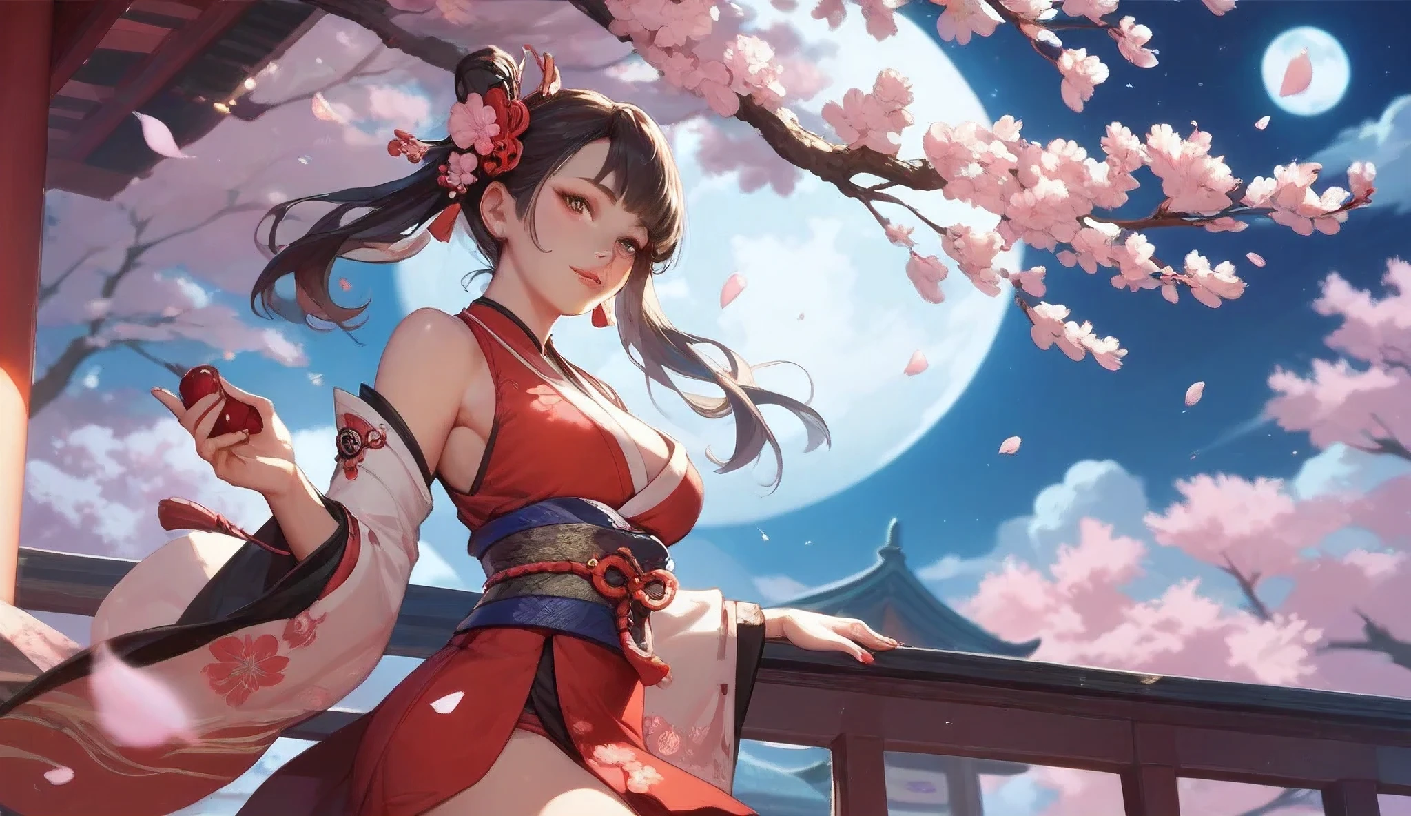 Japanese woman looking at cherry blossoms and the moon at night